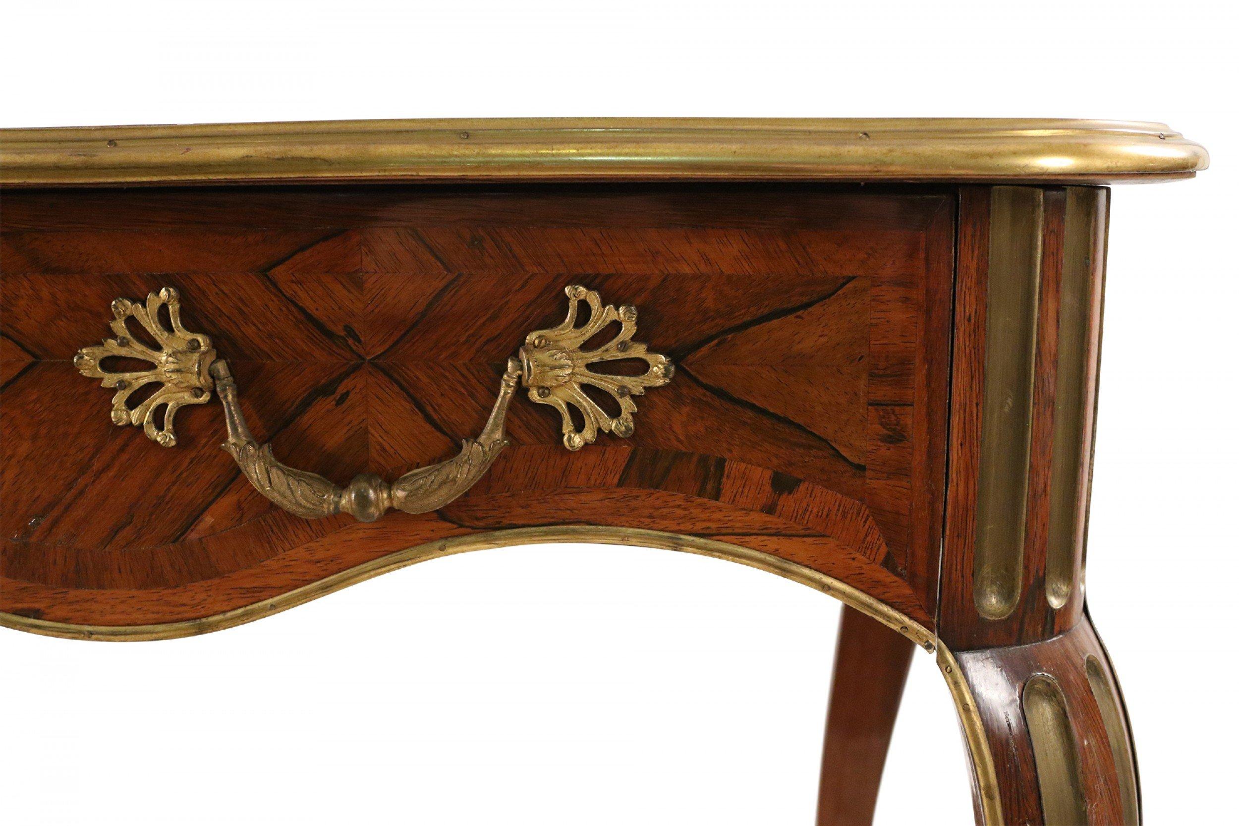 19th Century French Louis XV Style Kingwood Veneer Desk with Leather Top and Brass Hardware For Sale
