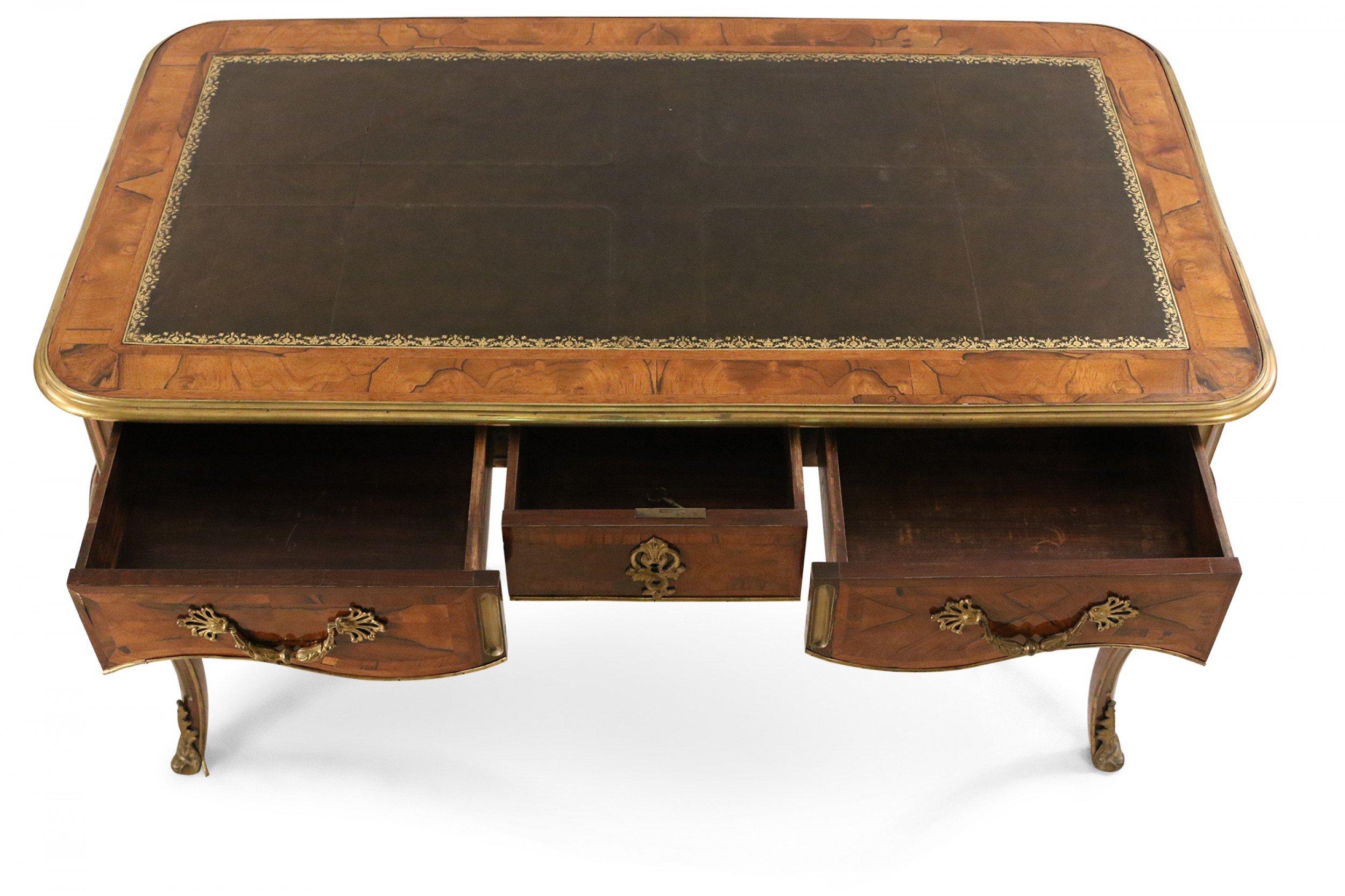 French Louis XV Style Kingwood Veneer Desk with Leather Top and Brass Hardware For Sale 2