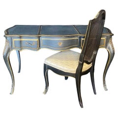 French Louis XV Style Leather Top Writing Desk with Matching Desk Chair