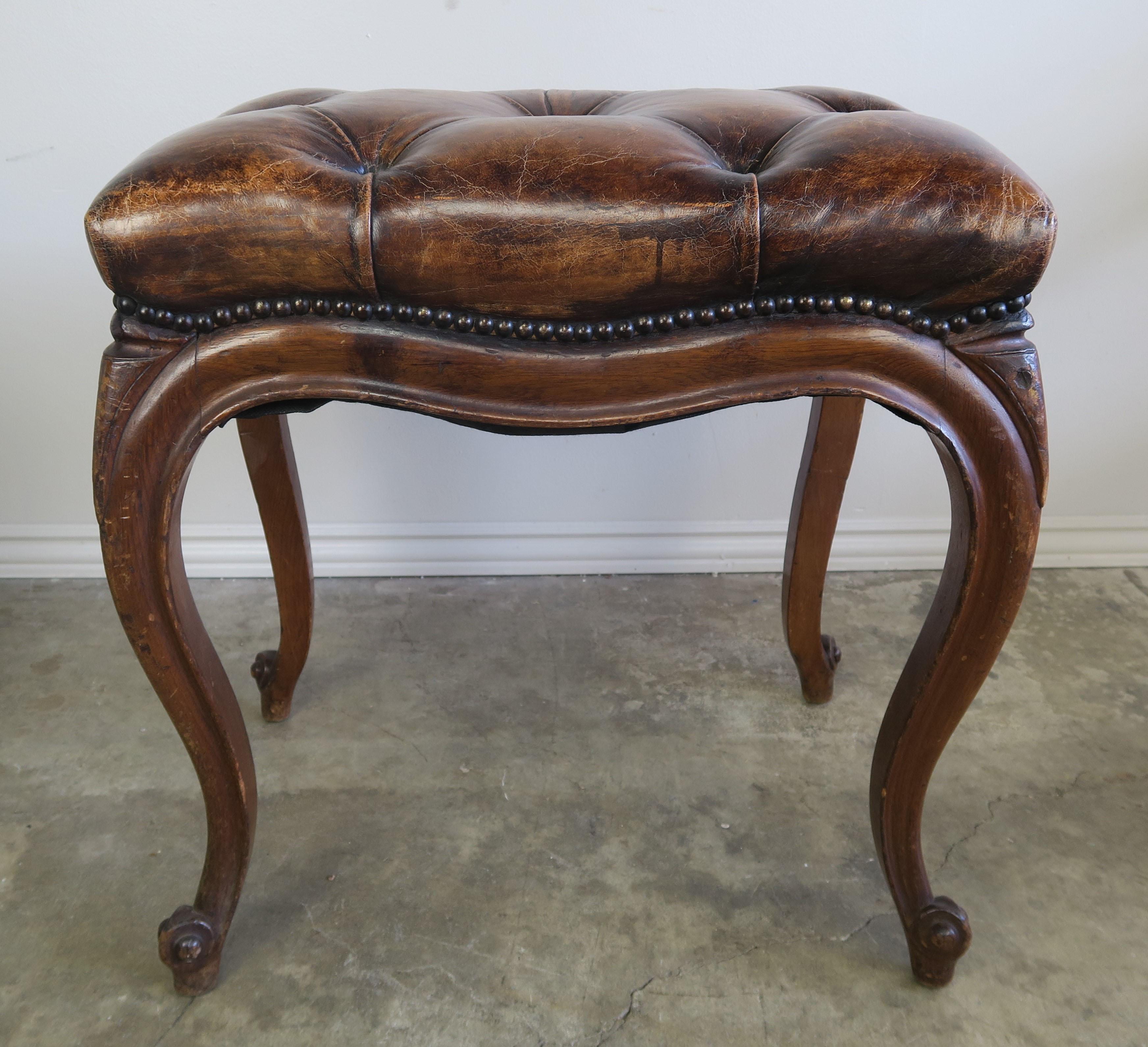 French Louis XV Style Leather Tufted Bench, circa 1930s 6