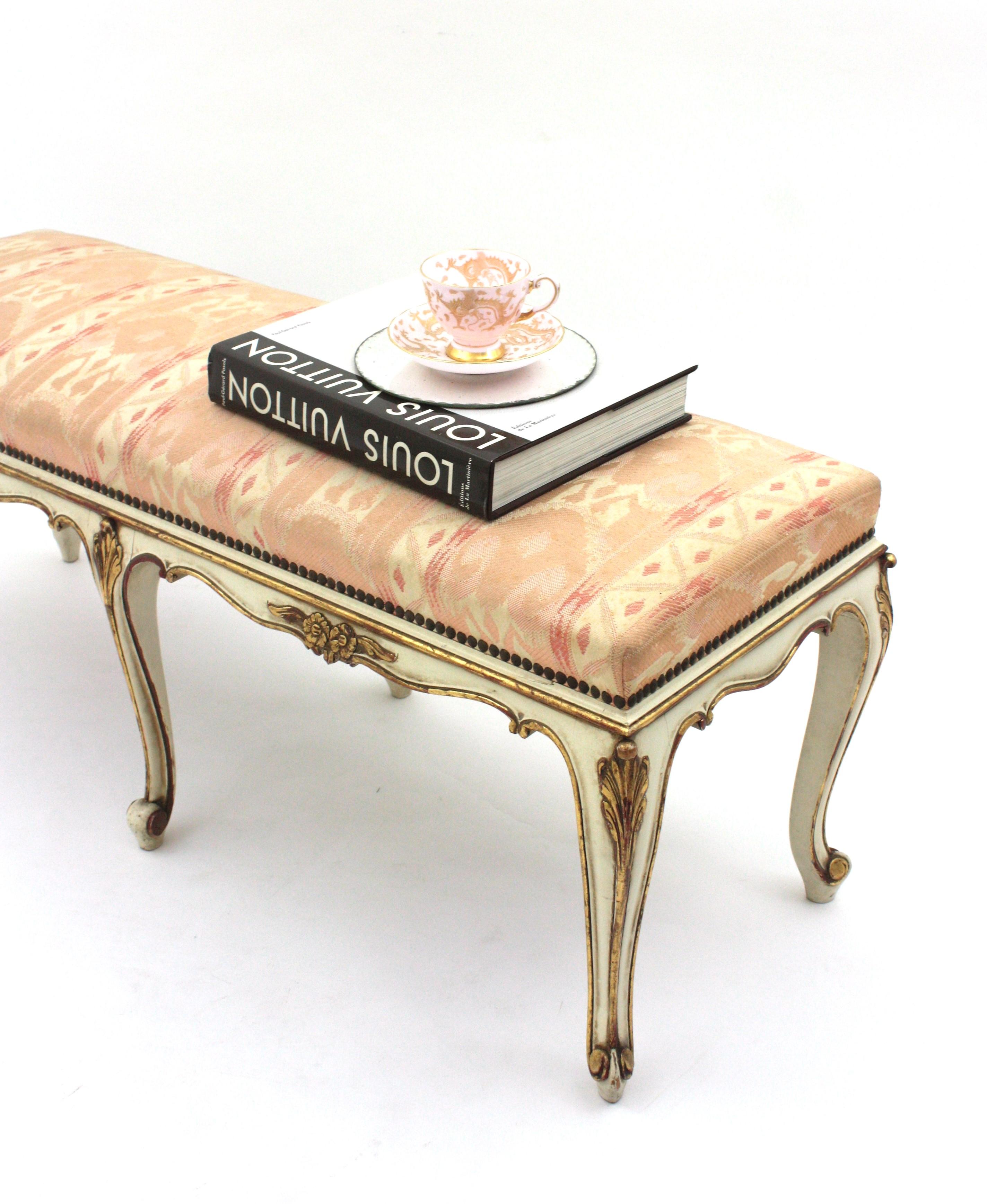 French Louis XV Style Long Bench, Original Vintage Upholstery  For Sale 4