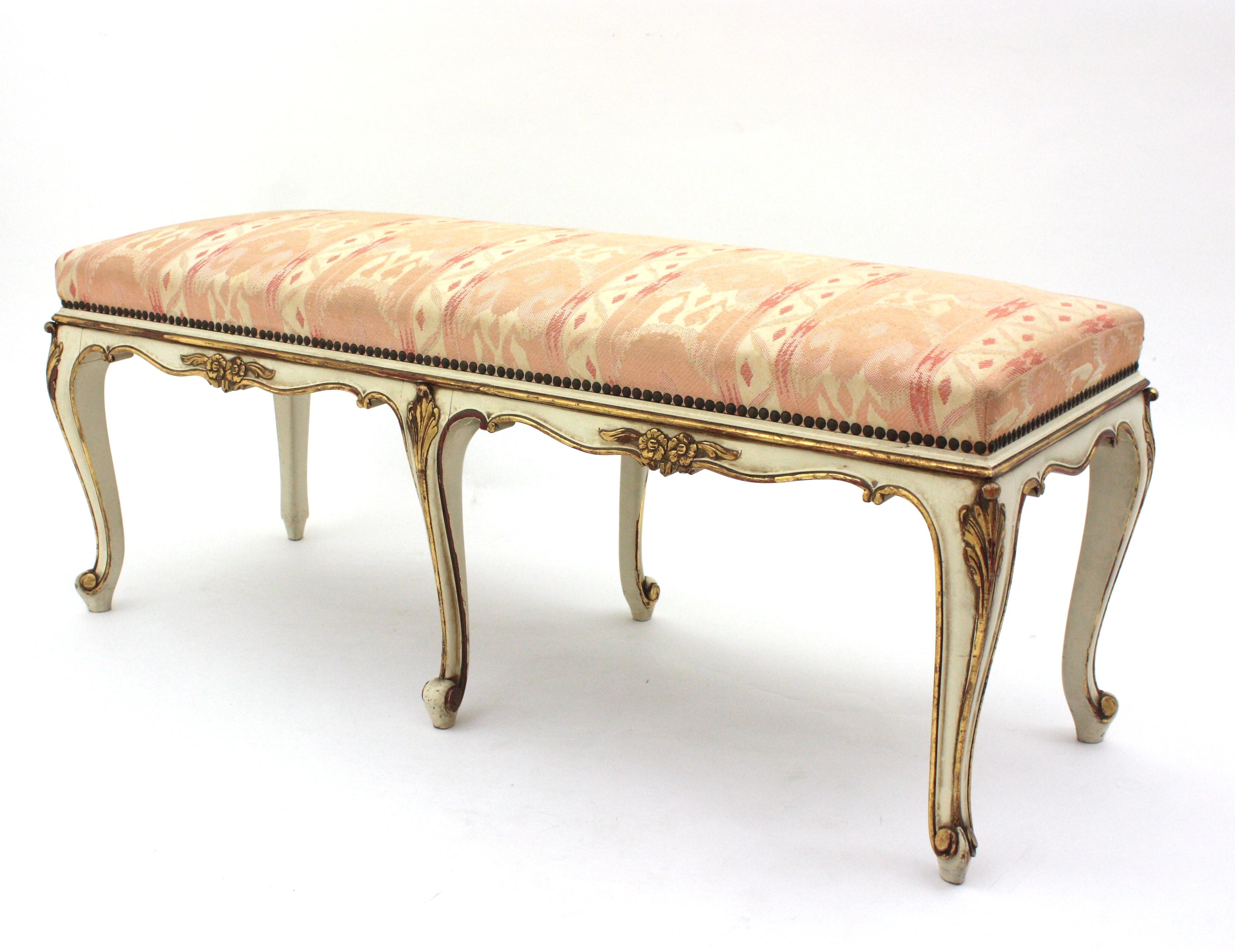 French Louis XV Style Long Bench, Original Vintage Upholstery  For Sale 5
