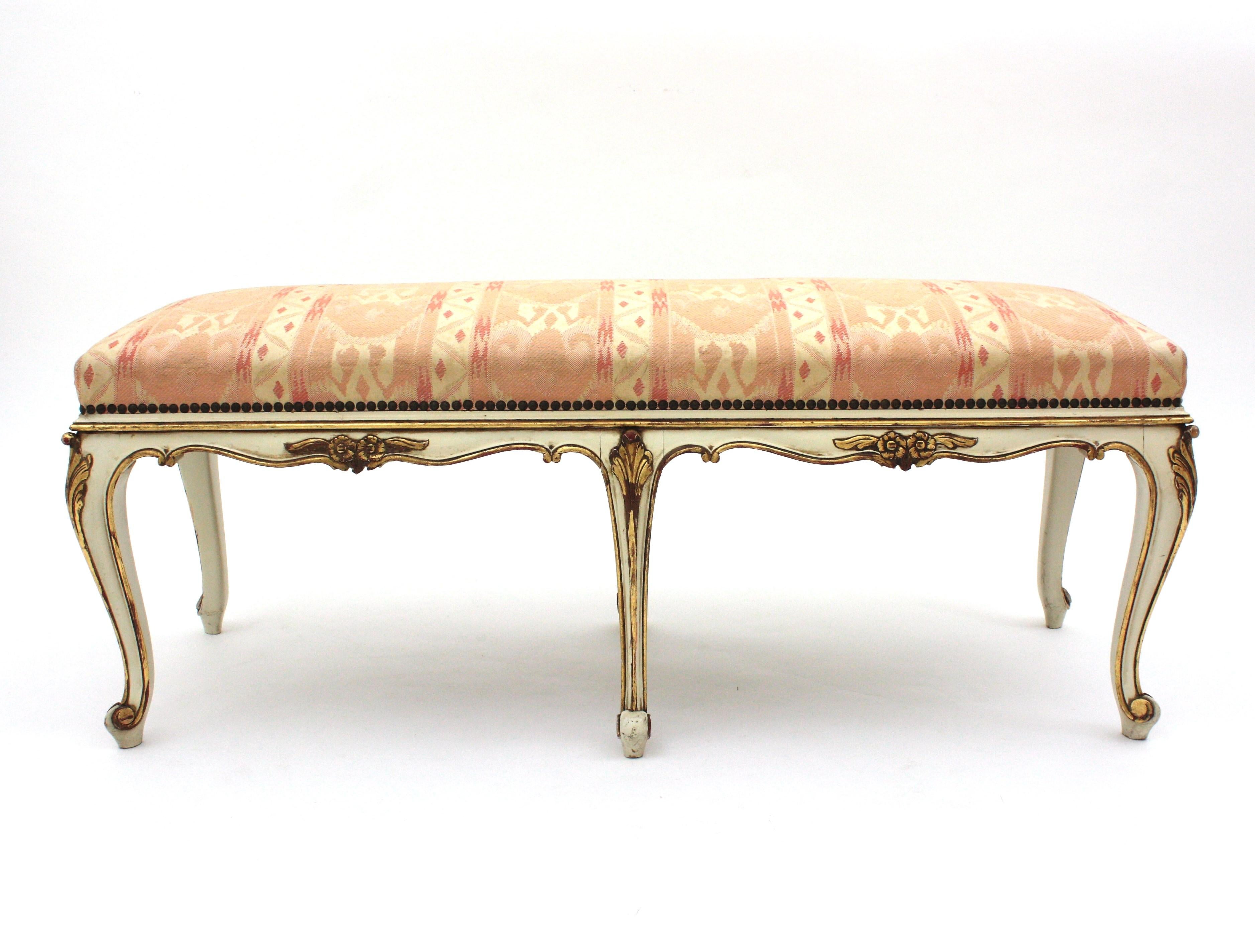 French Louis XV Style Long Bench, Original Vintage Upholstery  For Sale 8