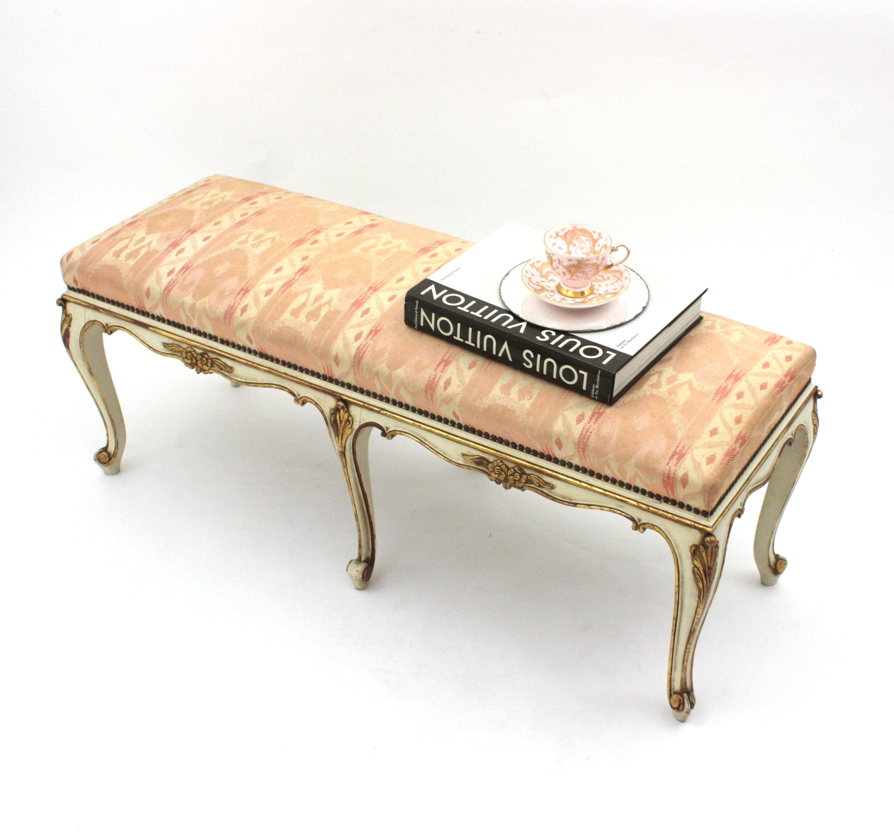 Art Deco French Louis XV Style Long Bench, Original Vintage Upholstery  For Sale