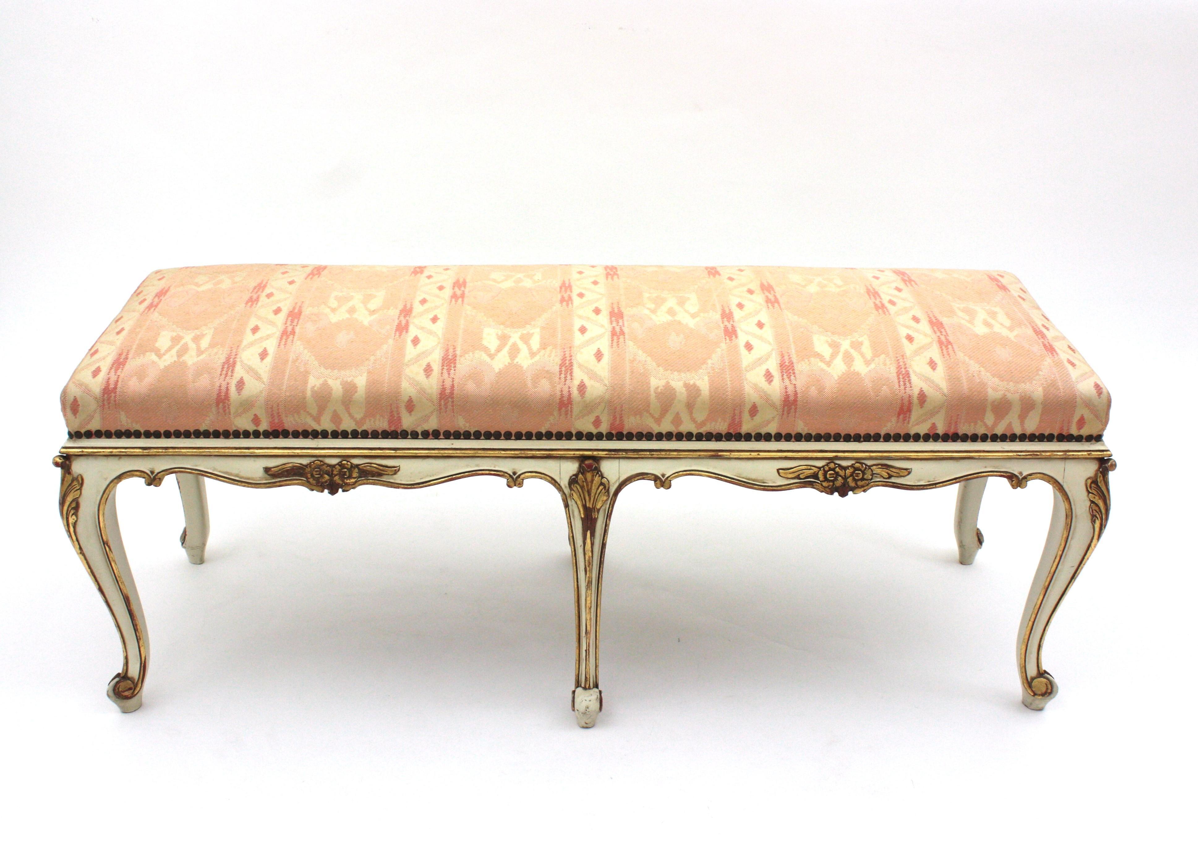 Carved French Louis XV Style Long Bench, Original Vintage Upholstery  For Sale