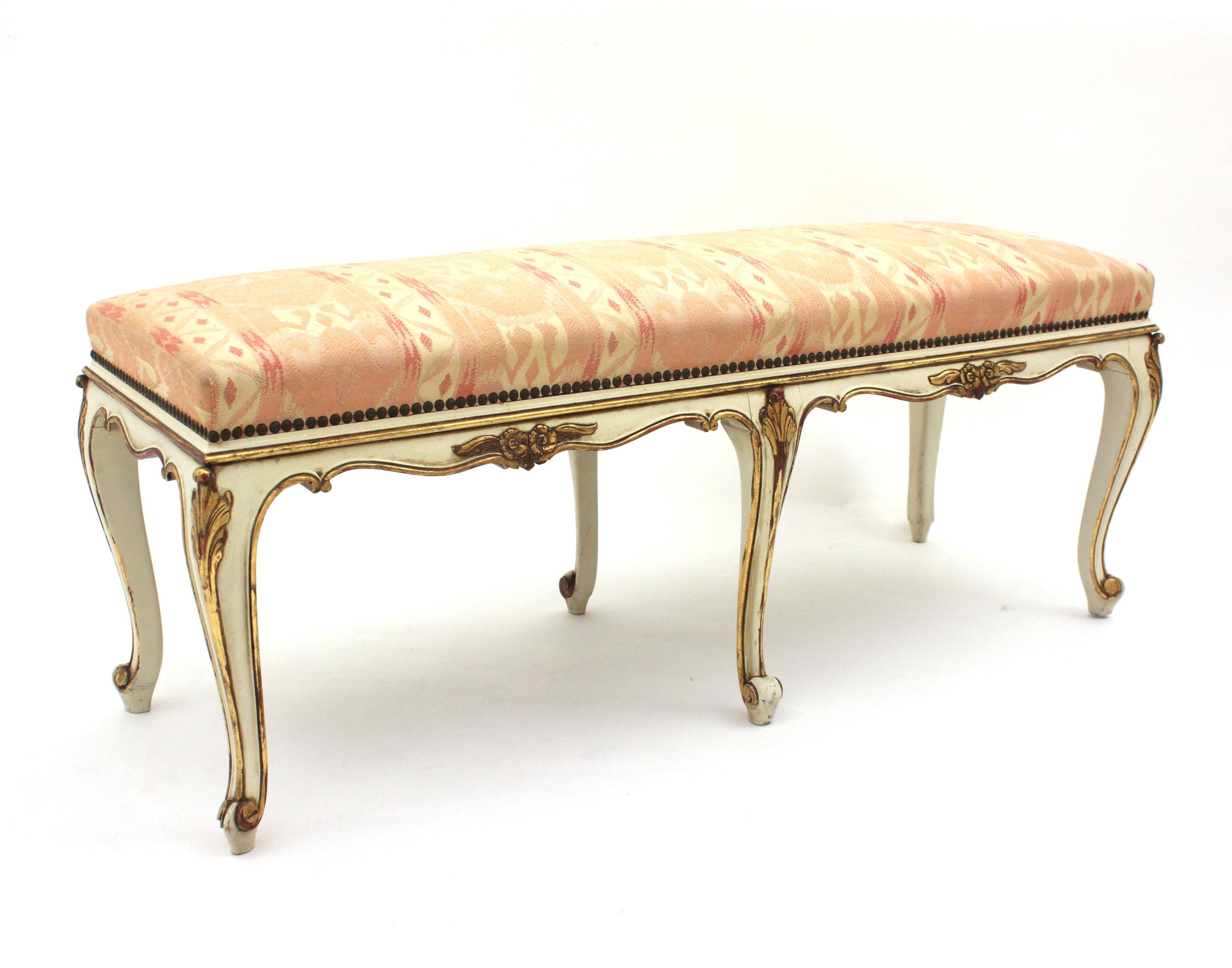 20th Century French Louis XV Style Long Bench, Original Vintage Upholstery  For Sale