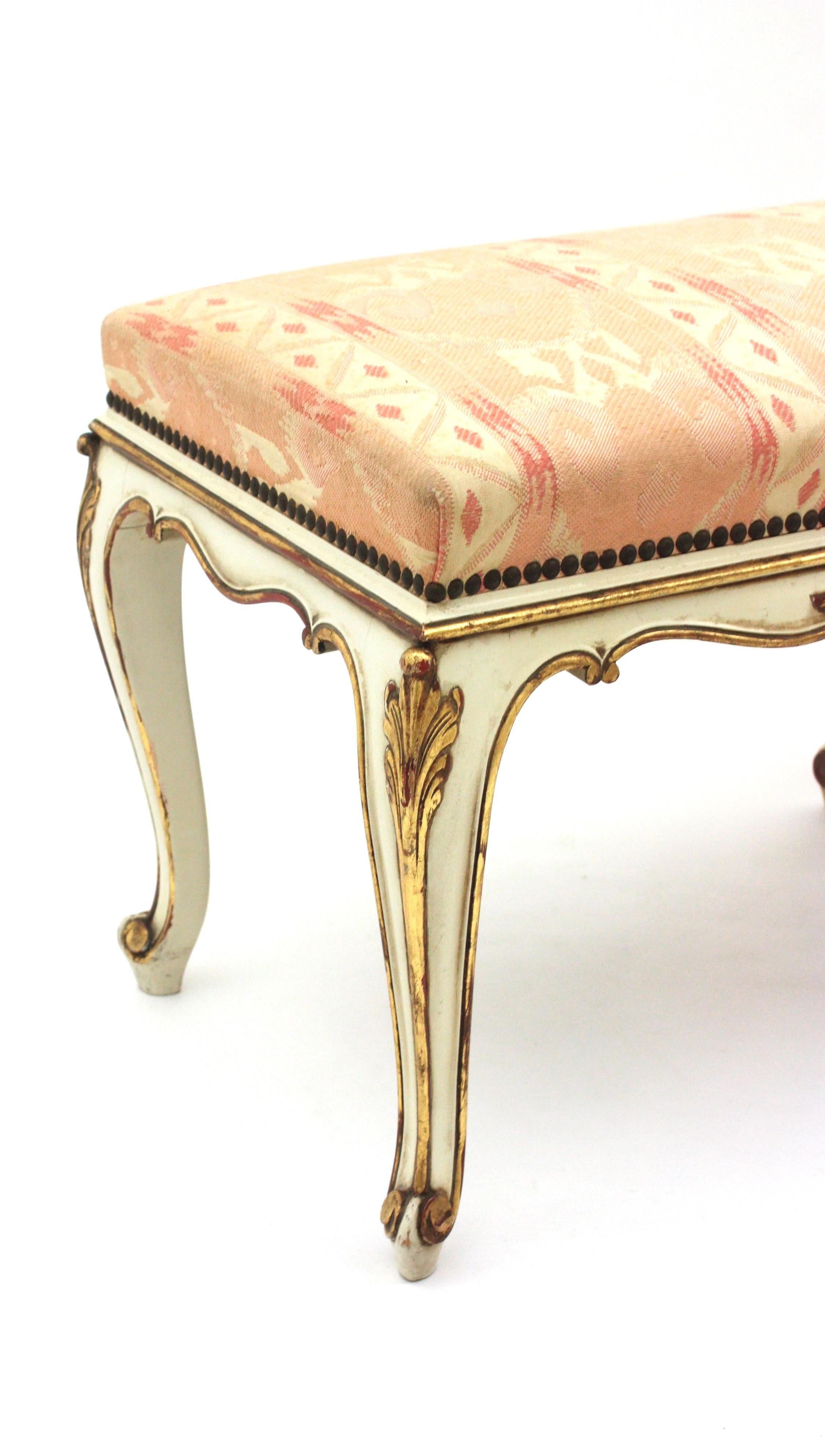Fabric French Louis XV Style Long Bench, Original Vintage Upholstery  For Sale