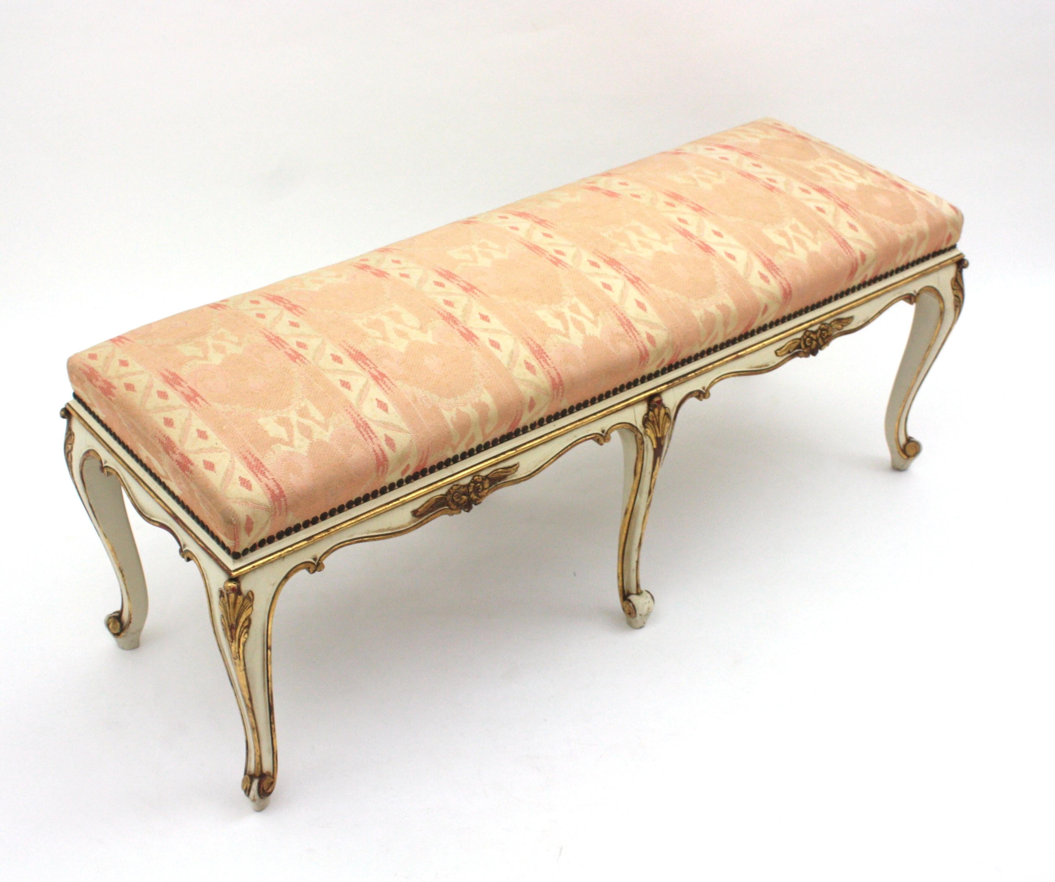 French Louis XV Style Long Bench, Original Vintage Upholstery  For Sale 2