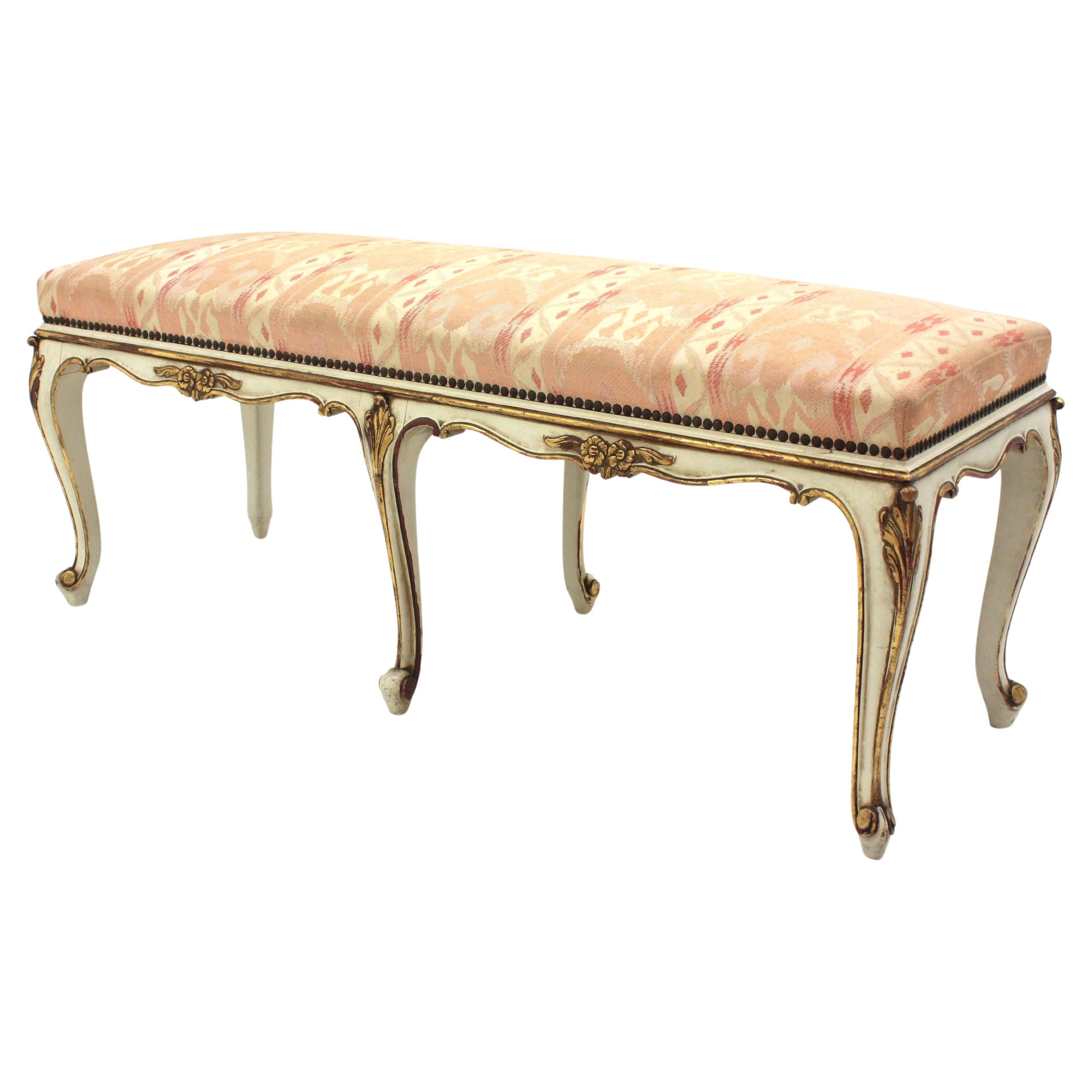 French Louis XV Style Long Bench, Original Vintage Upholstery  For Sale