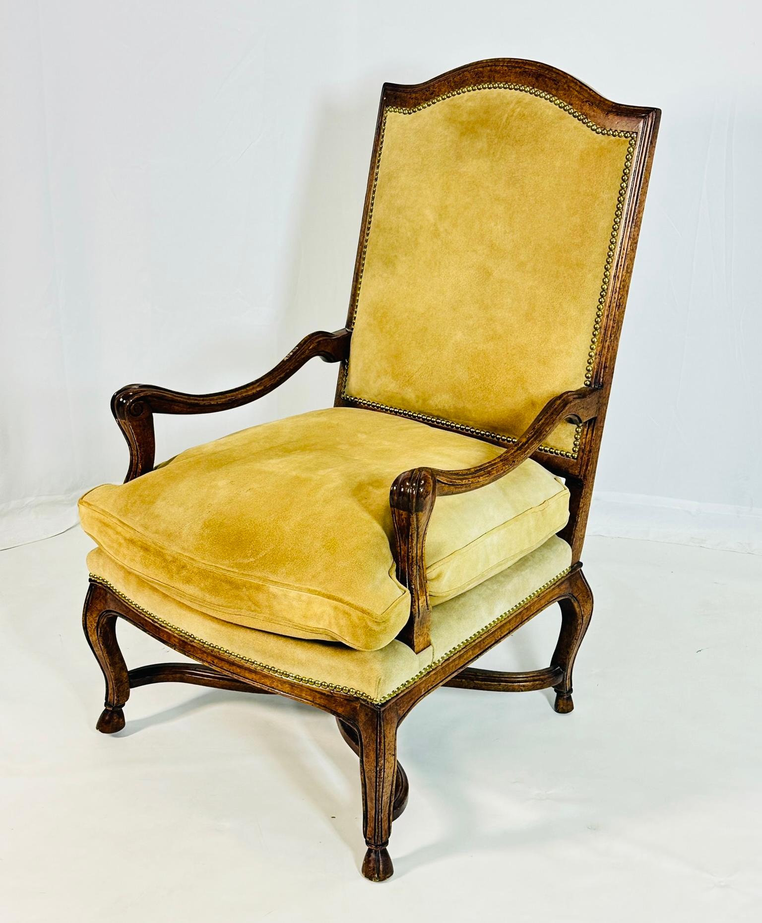 Hand-Crafted French Louis XV Style Lounge Chair With Suede Upholstery by Minton - Spidell For Sale