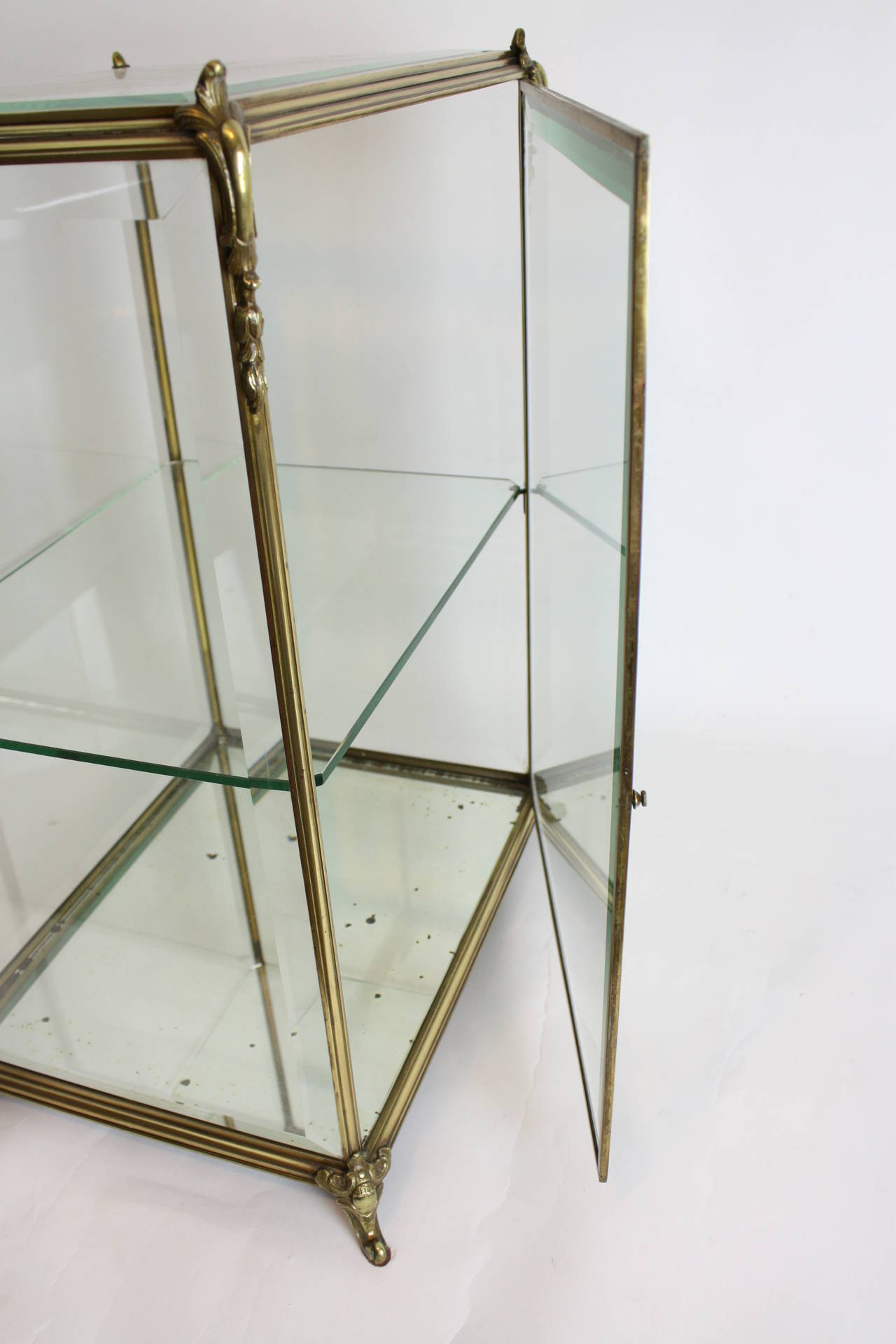 Brass French Louis XV Style Jewelry Showcase or Vitrine in Bronze and Beveled Glass