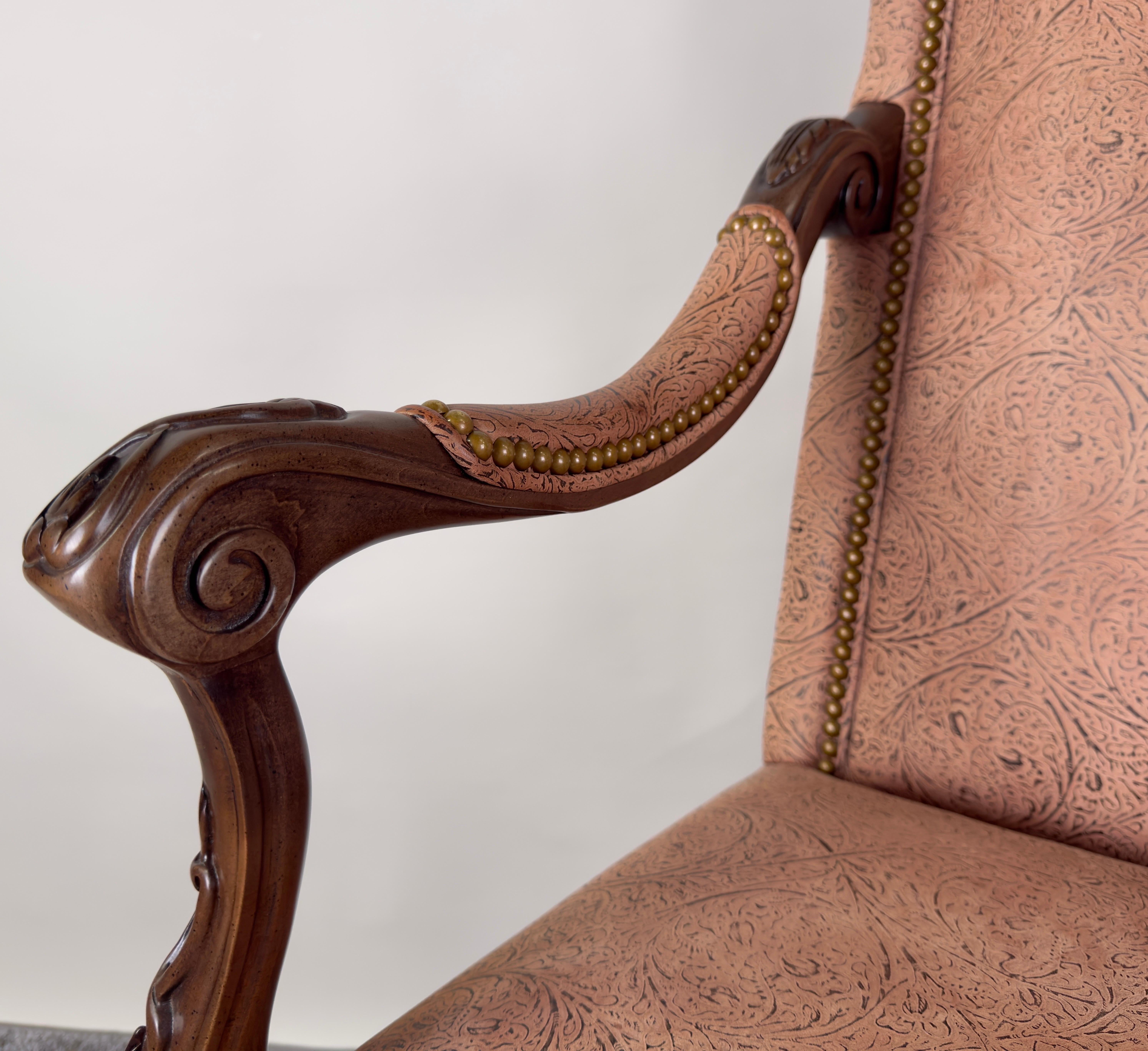 French Louis XV Style Mahogany Armchair with Embossed Salmon Pink Leather For Sale 8