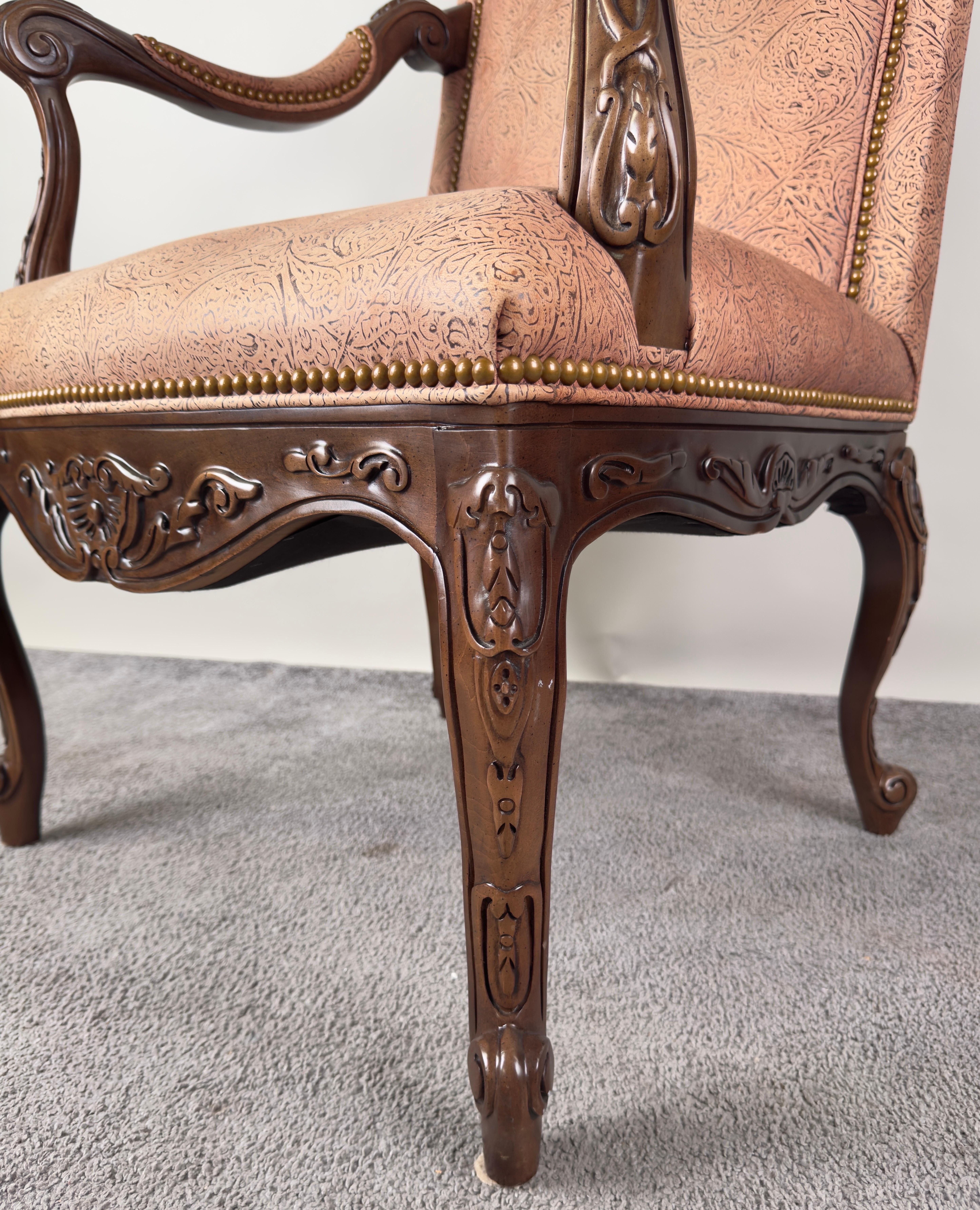 French Louis XV Style Mahogany Armchair with Embossed Salmon Pink Leather For Sale 9