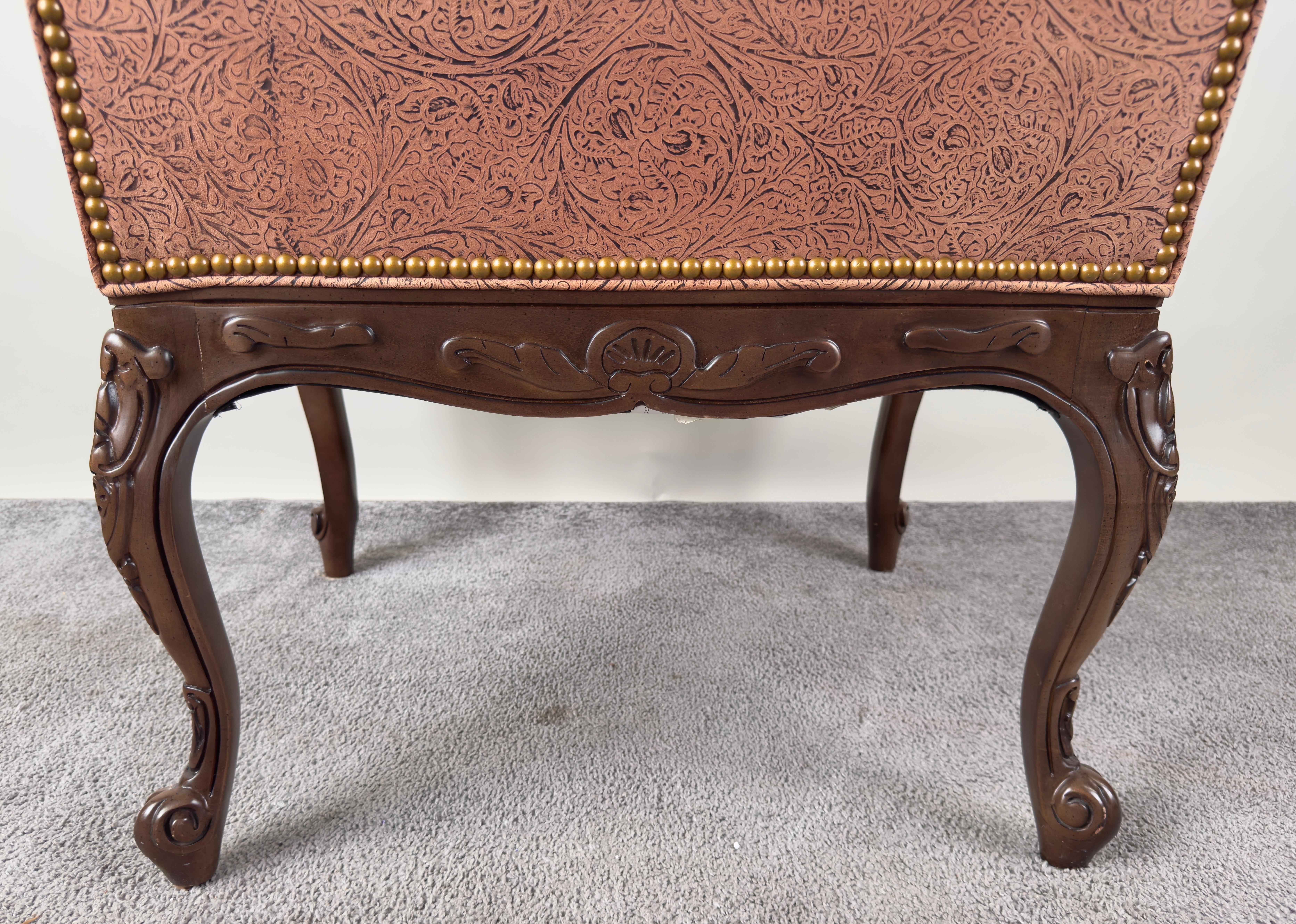 French Louis XV Style Mahogany Armchair with Embossed Salmon Pink Leather For Sale 11