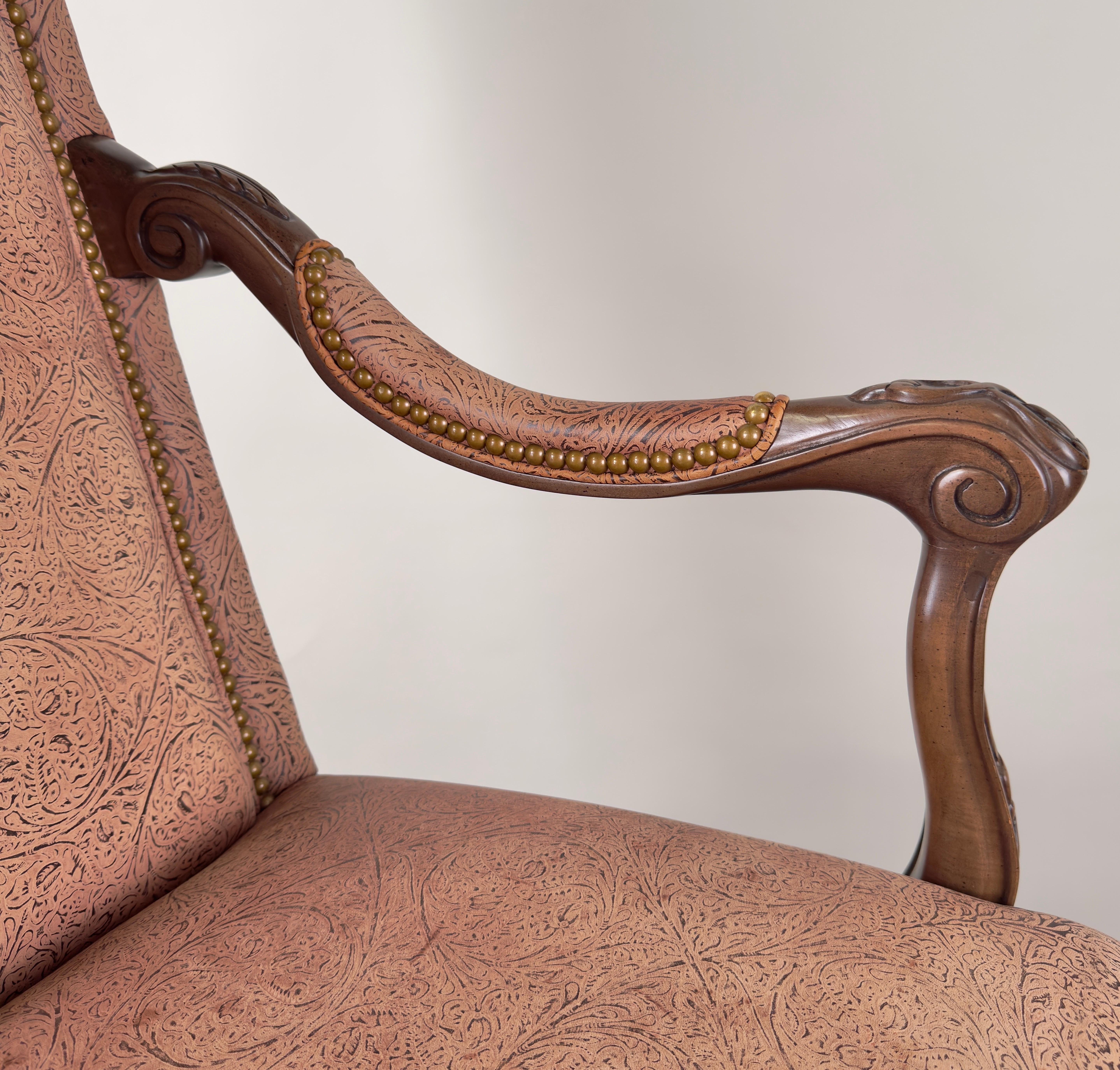 French Louis XV Style Mahogany Armchair with Embossed Salmon Pink Leather For Sale 12
