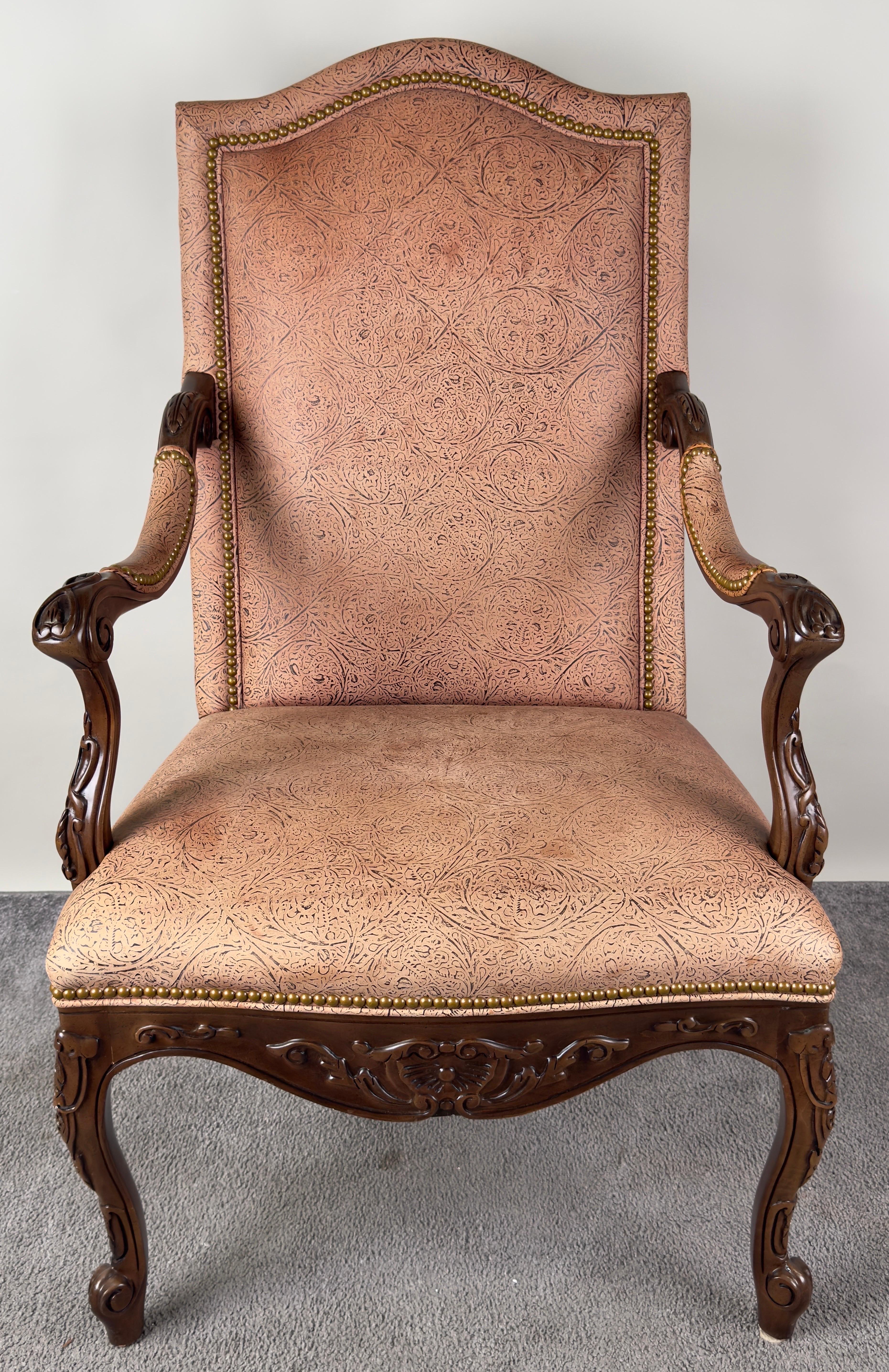 French Louis XV Style Mahogany Armchair with Embossed Salmon Pink Leather In Good Condition For Sale In Plainview, NY