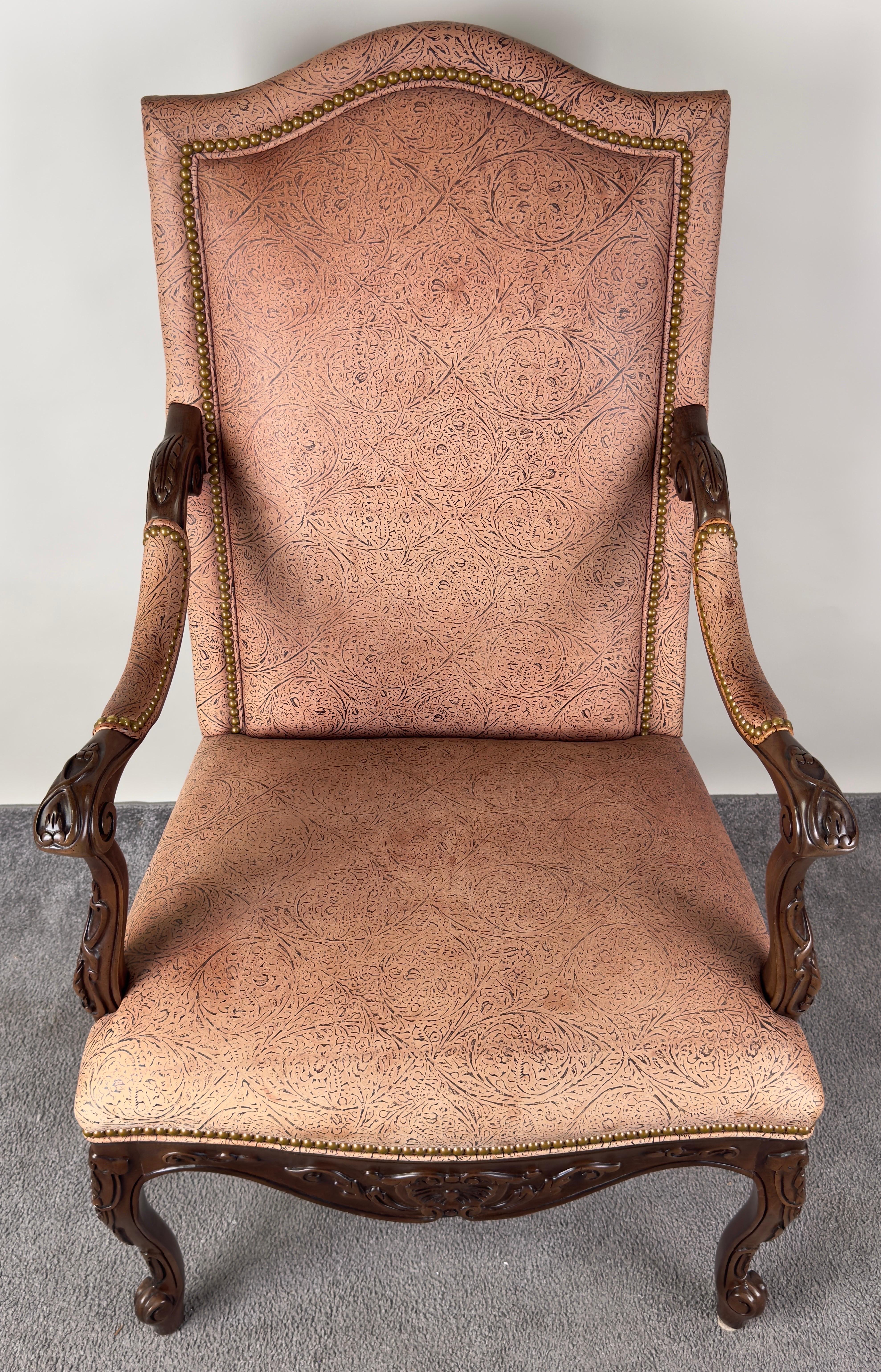 20th Century French Louis XV Style Mahogany Armchair with Embossed Salmon Pink Leather For Sale