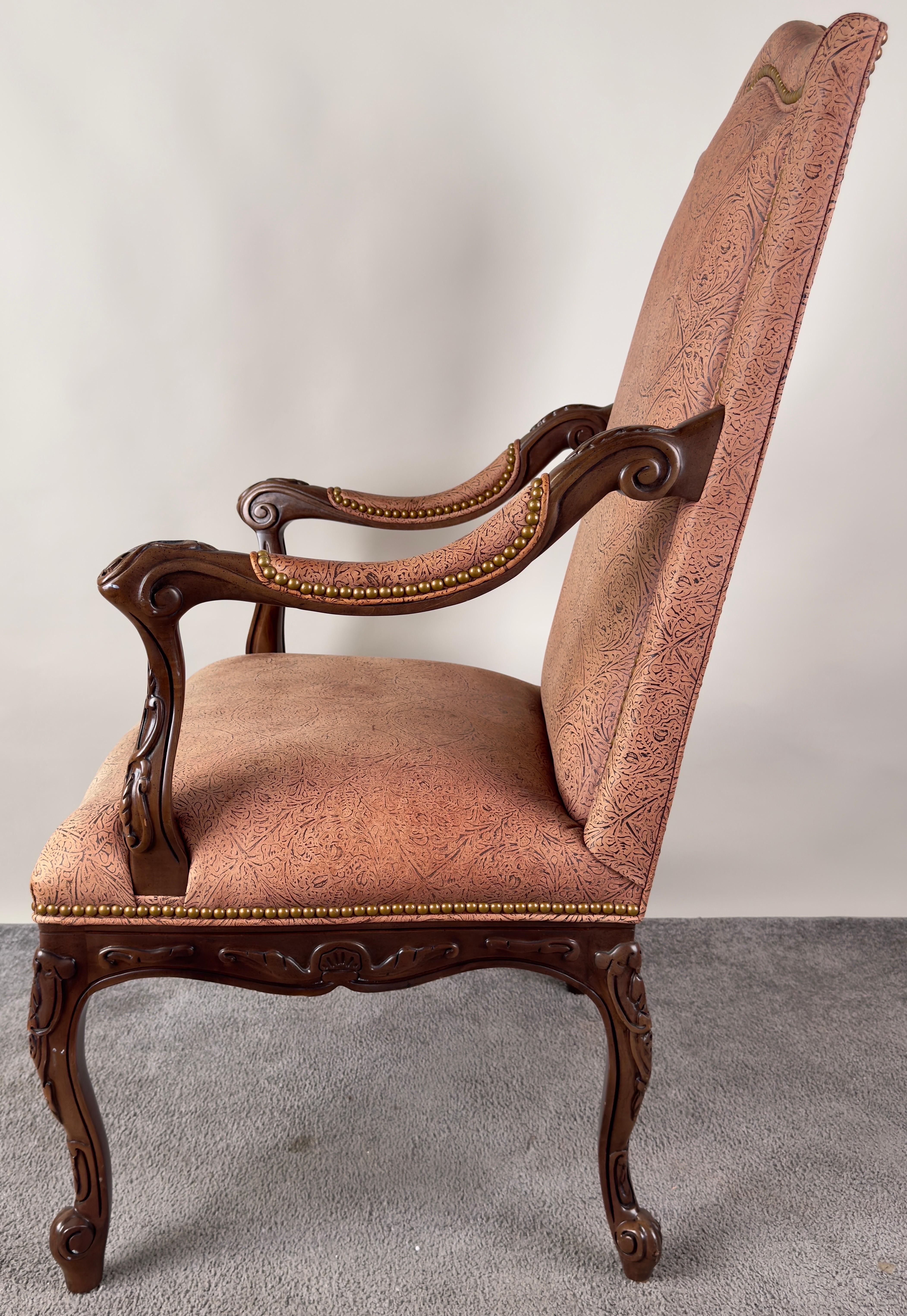 French Louis XV Style Mahogany Armchair with Embossed Salmon Pink Leather For Sale 1