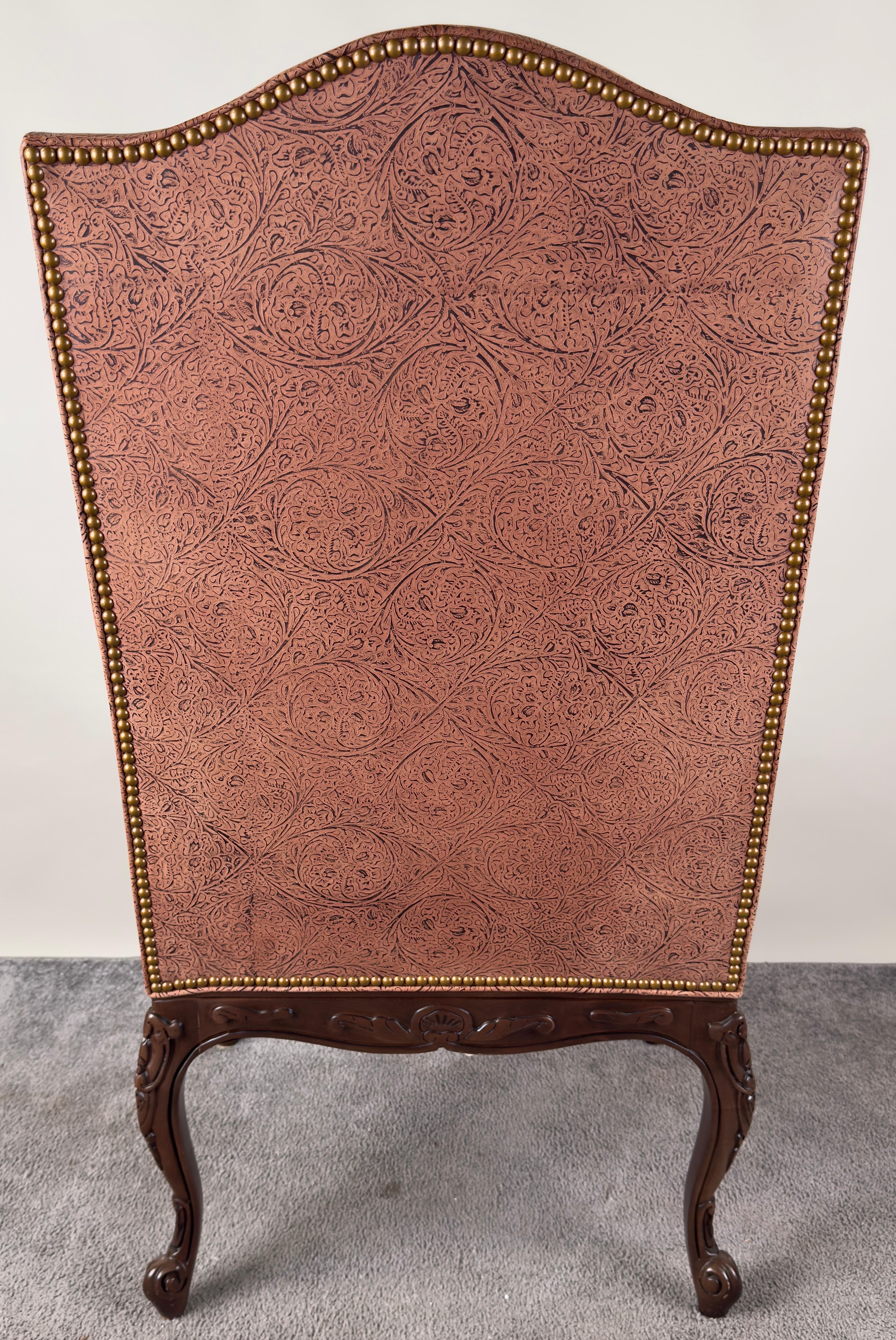 French Louis XV Style Mahogany Armchair with Embossed Salmon Pink Leather For Sale 2
