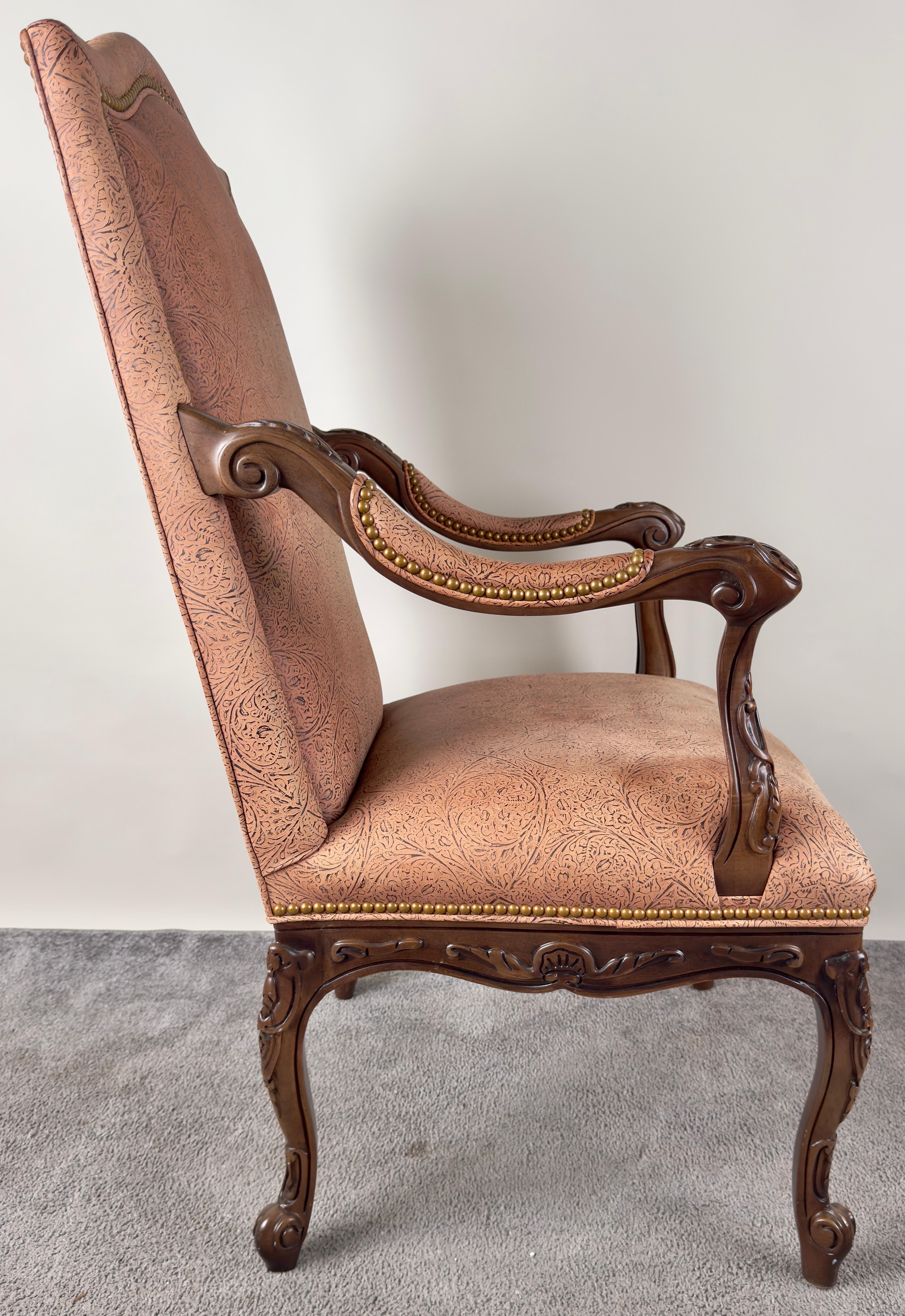 French Louis XV Style Mahogany Armchair with Embossed Salmon Pink Leather For Sale 3