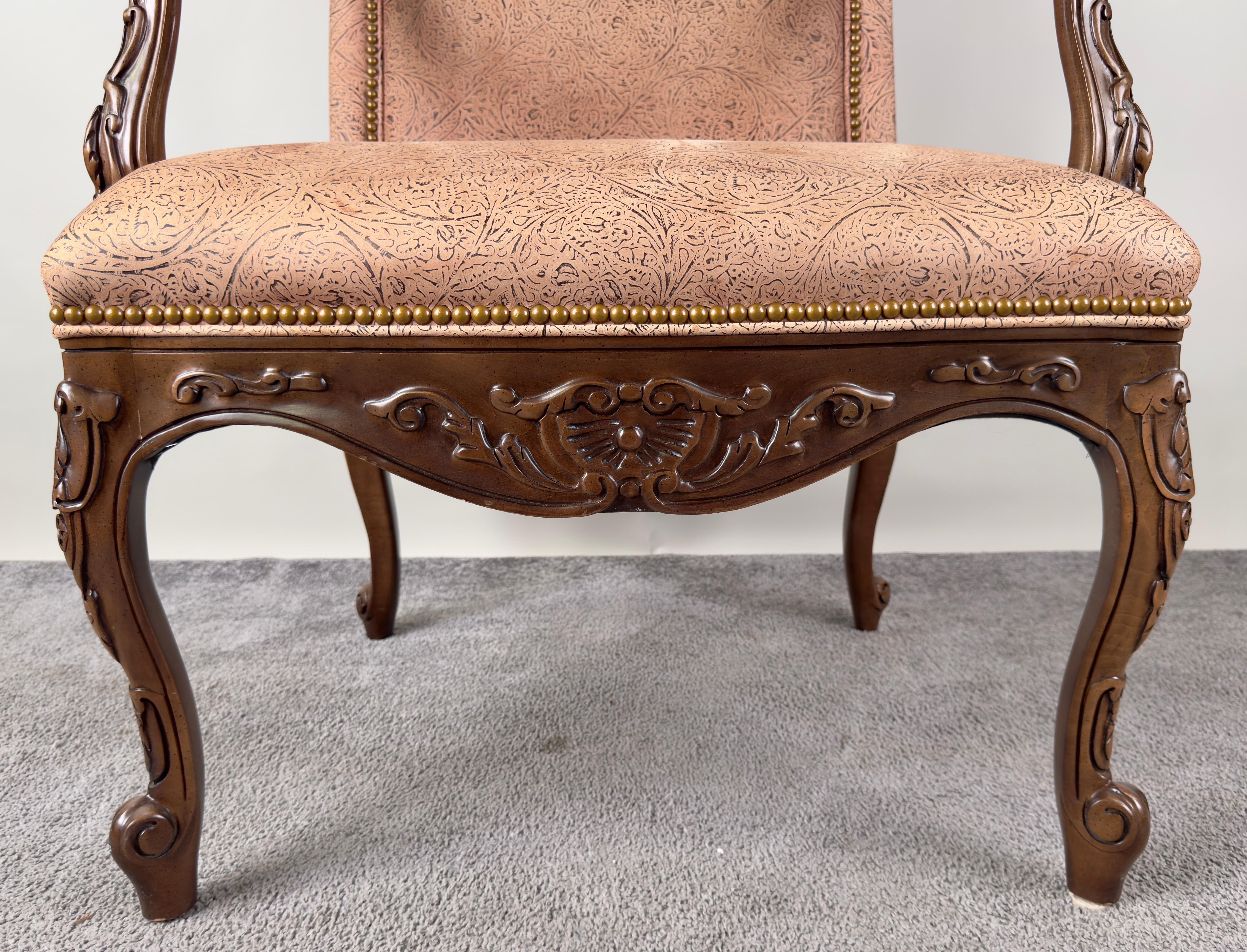 French Louis XV Style Mahogany Armchair with Embossed Salmon Pink Leather For Sale 5