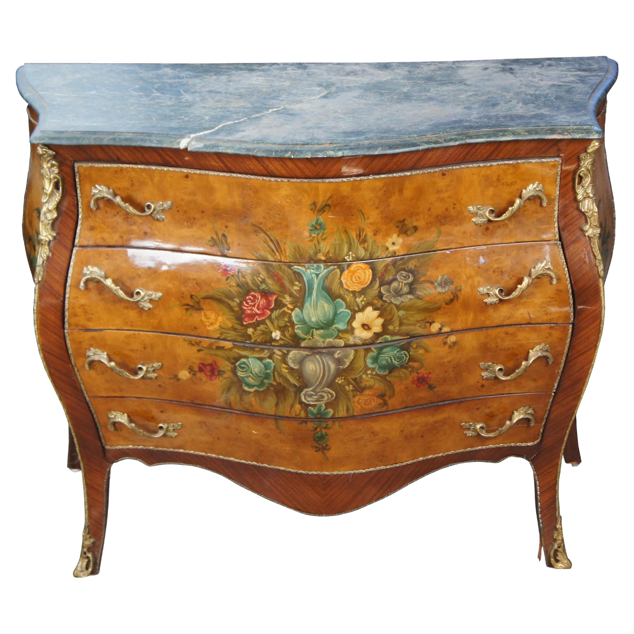 French Louis XV Style Mahogany & Birdseye Maple Bombe Commode Chest of Drawers