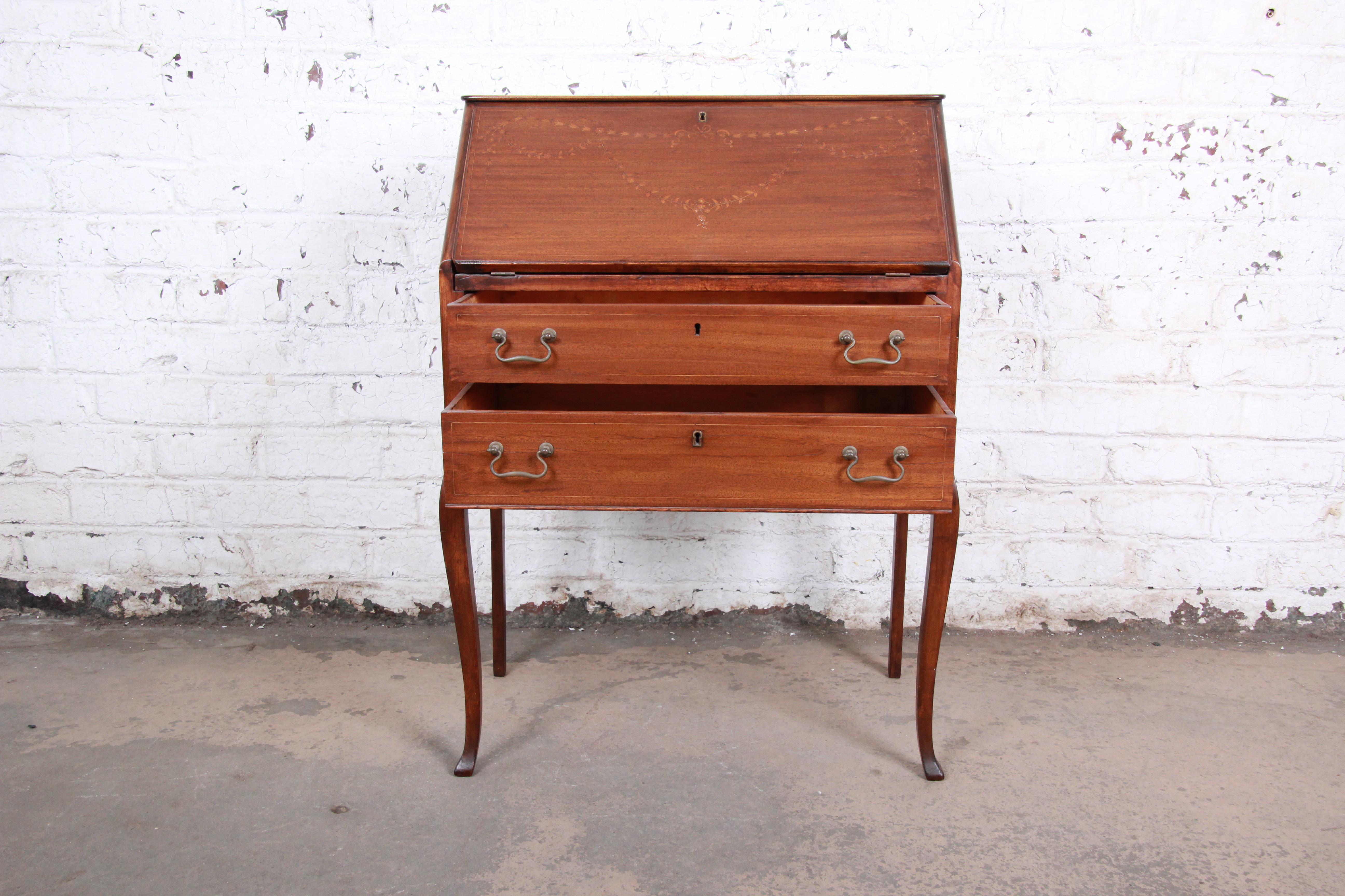 French Louis XV Style Mahogany Drop-Front Secretary with Mother of Pearl Inlay 5