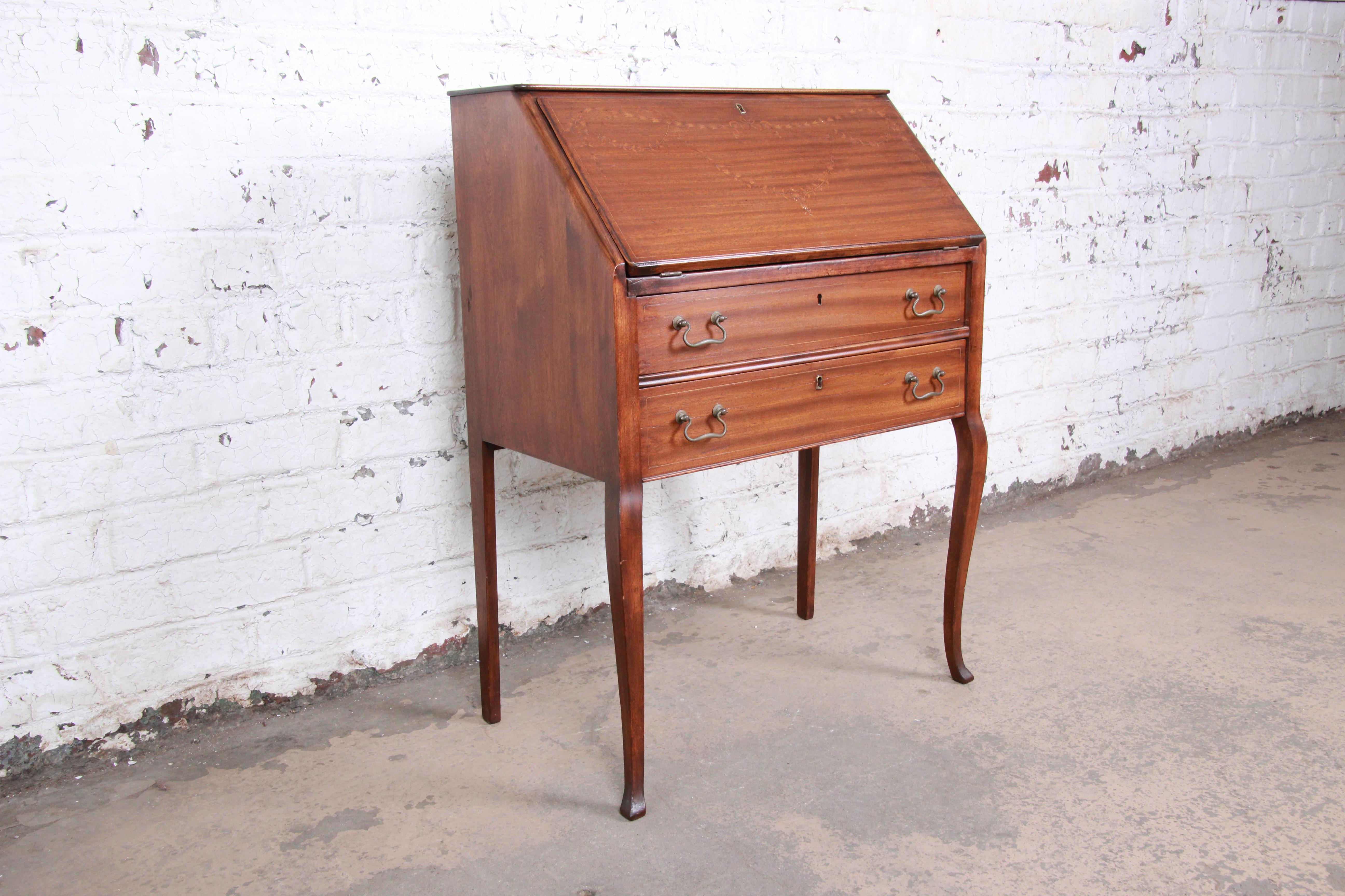French Louis XV Style Mahogany Drop-Front Secretary with Mother of Pearl Inlay In Good Condition In South Bend, IN