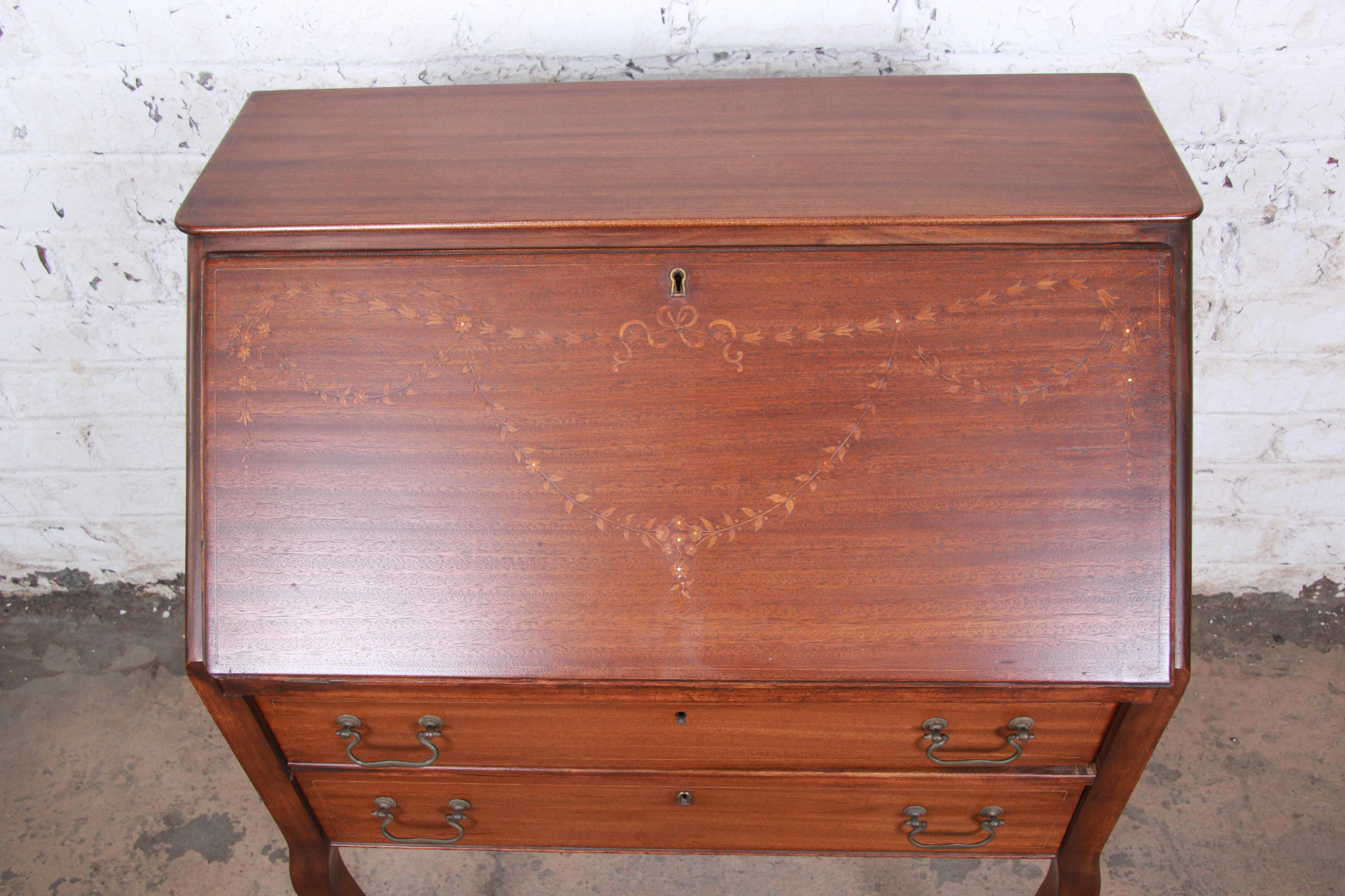 20th Century French Louis XV Style Mahogany Drop-Front Secretary with Mother of Pearl Inlay