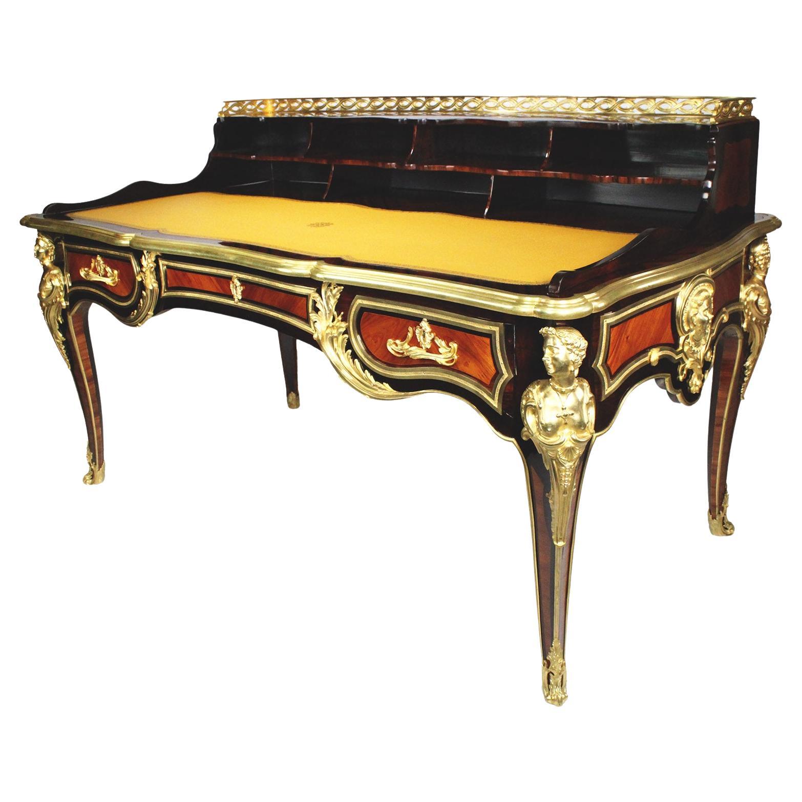 French Louis XV Style Mahogany, Satinwood & Gilt-Bronze Mounted Cartonnier Desk