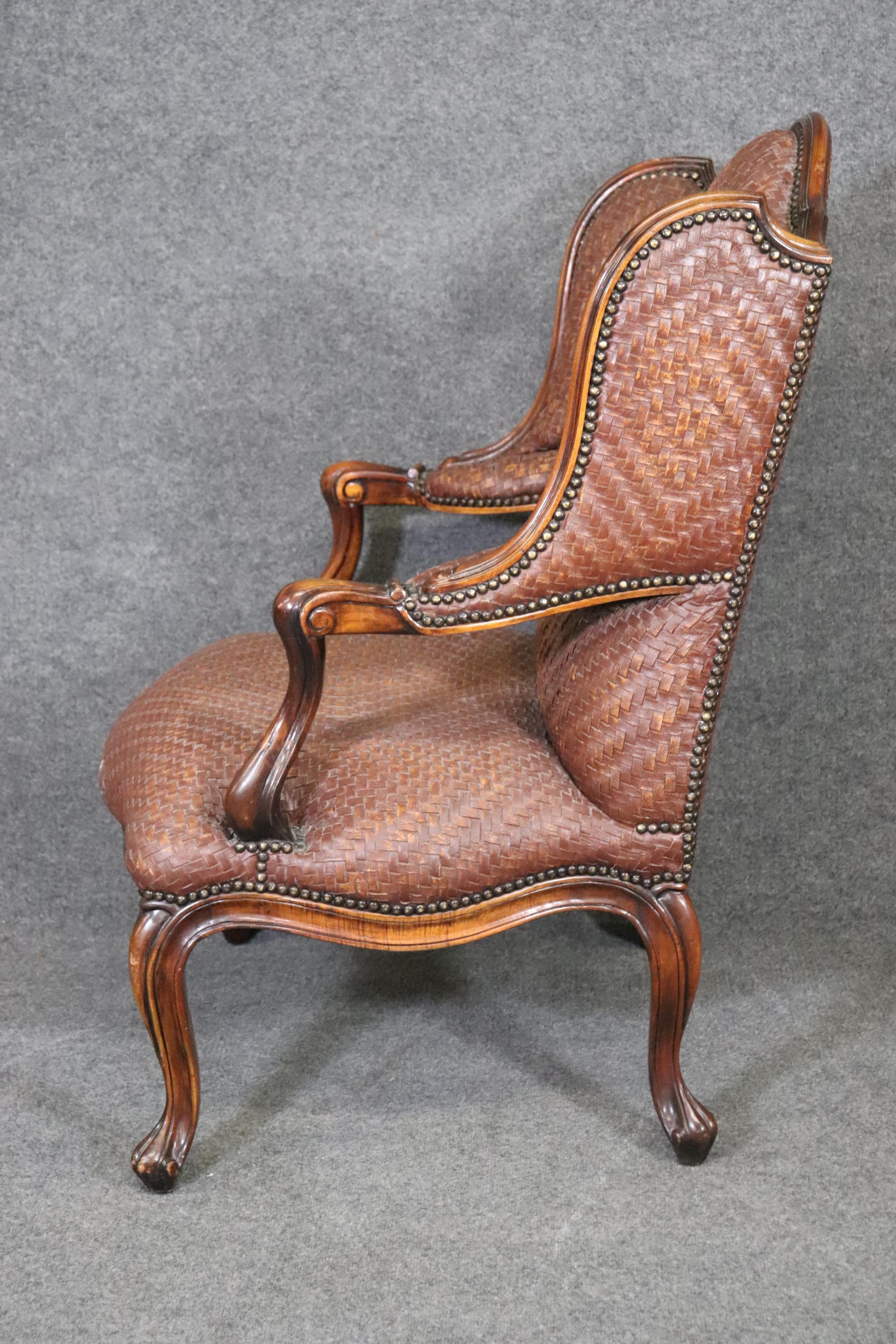 Vietnamese French Louis XV Style Mahogany Woven Leather Theodore Alexander Wingchair