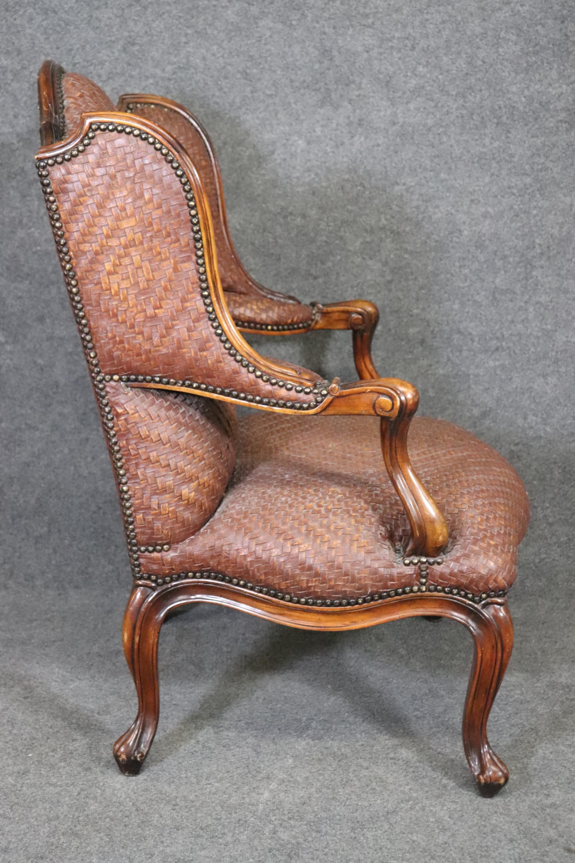 Contemporary French Louis XV Style Mahogany Woven Leather Theodore Alexander Wingchair