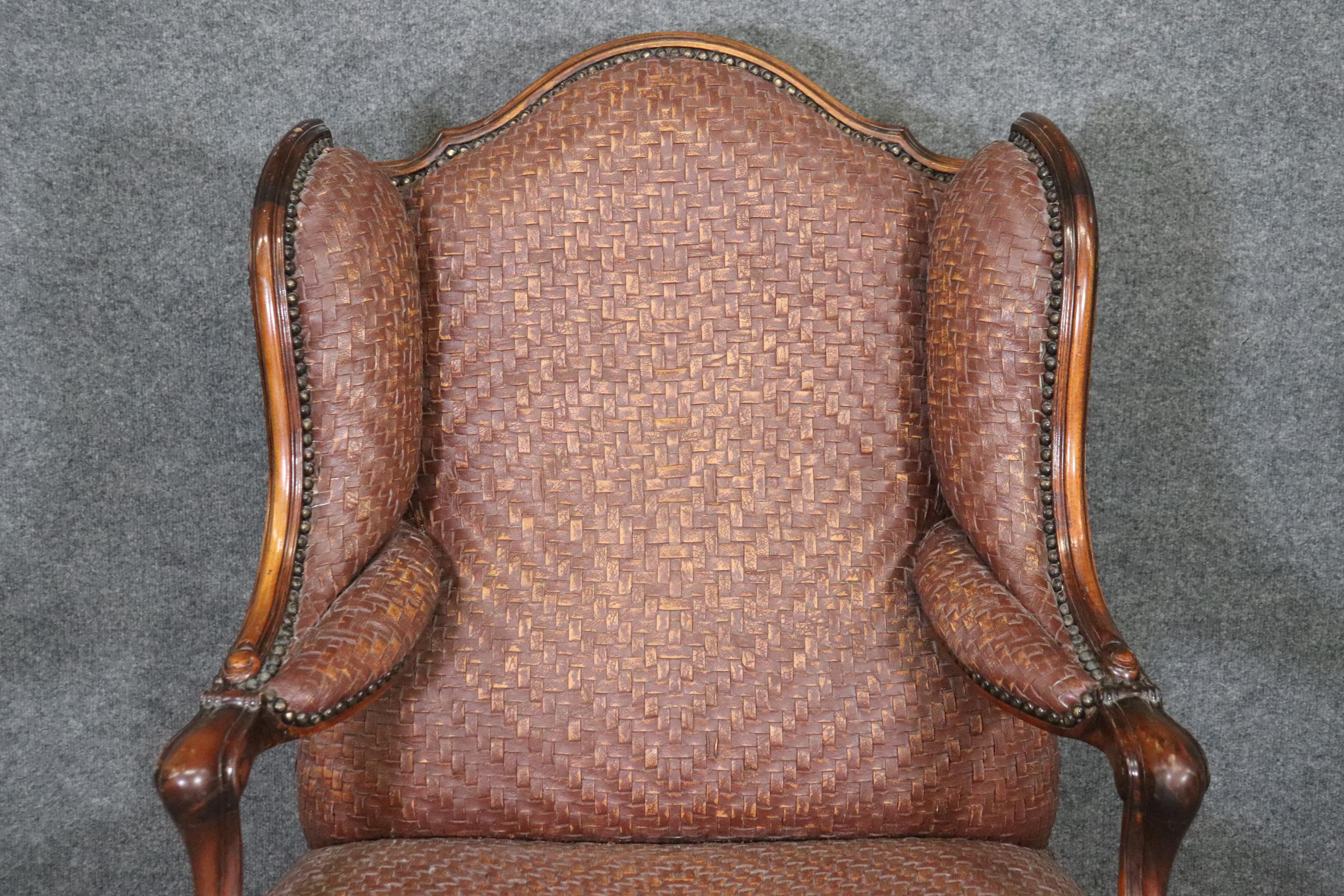 French Louis XV Style Mahogany Woven Leather Theodore Alexander Wingchair 1