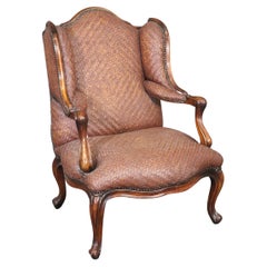 French Louis XV Style Mahogany Woven Leather Theodore Alexander Wingchair