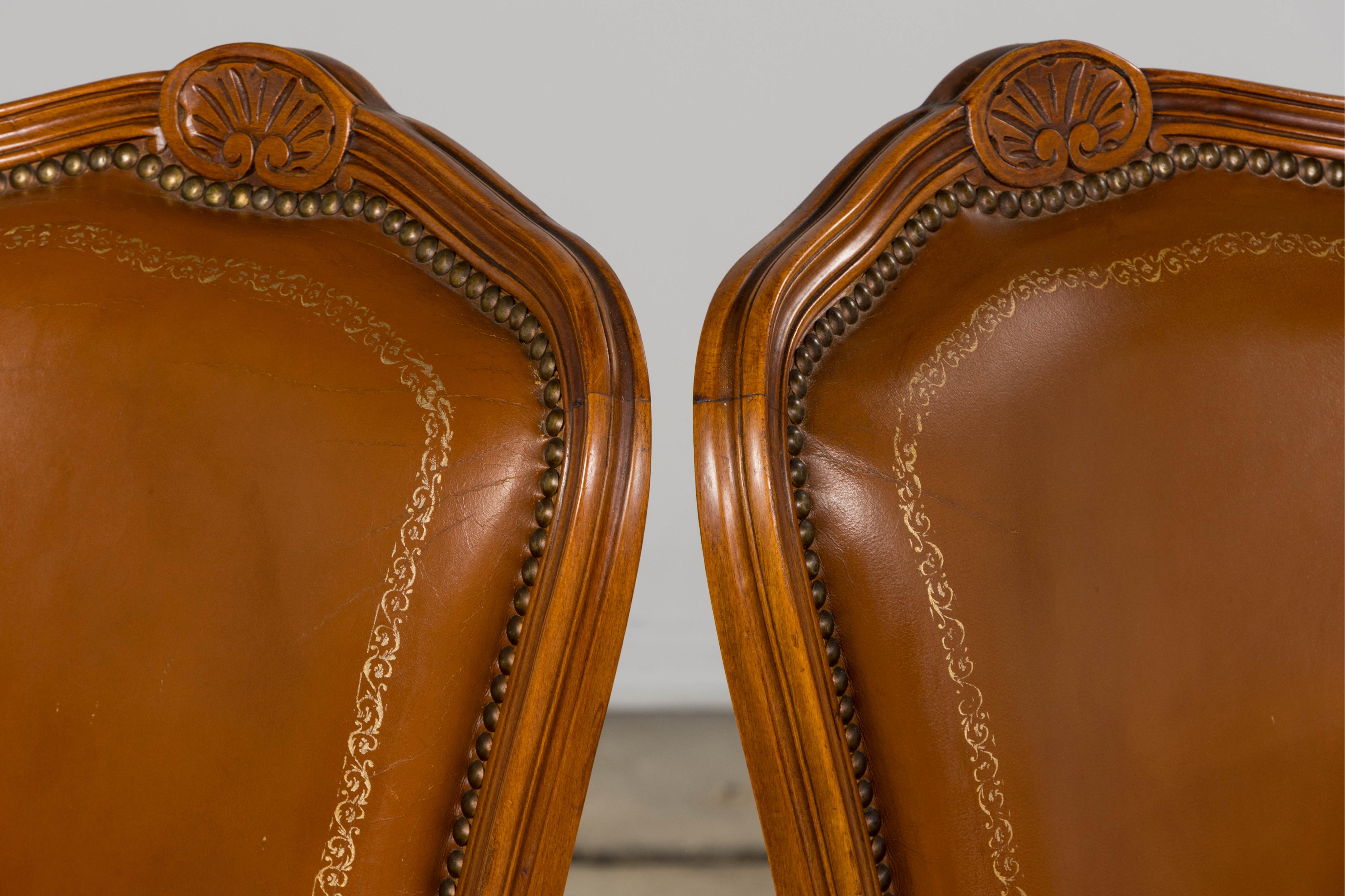 Chaises de salle à manger en érable de style Louis XV en cuir brun - Lot de 6 en vente 4