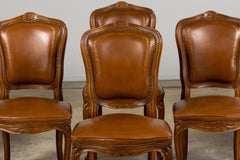 Sedie da pranzo francesi in stile Luigi XV in acero con pelle marrone - set di 6