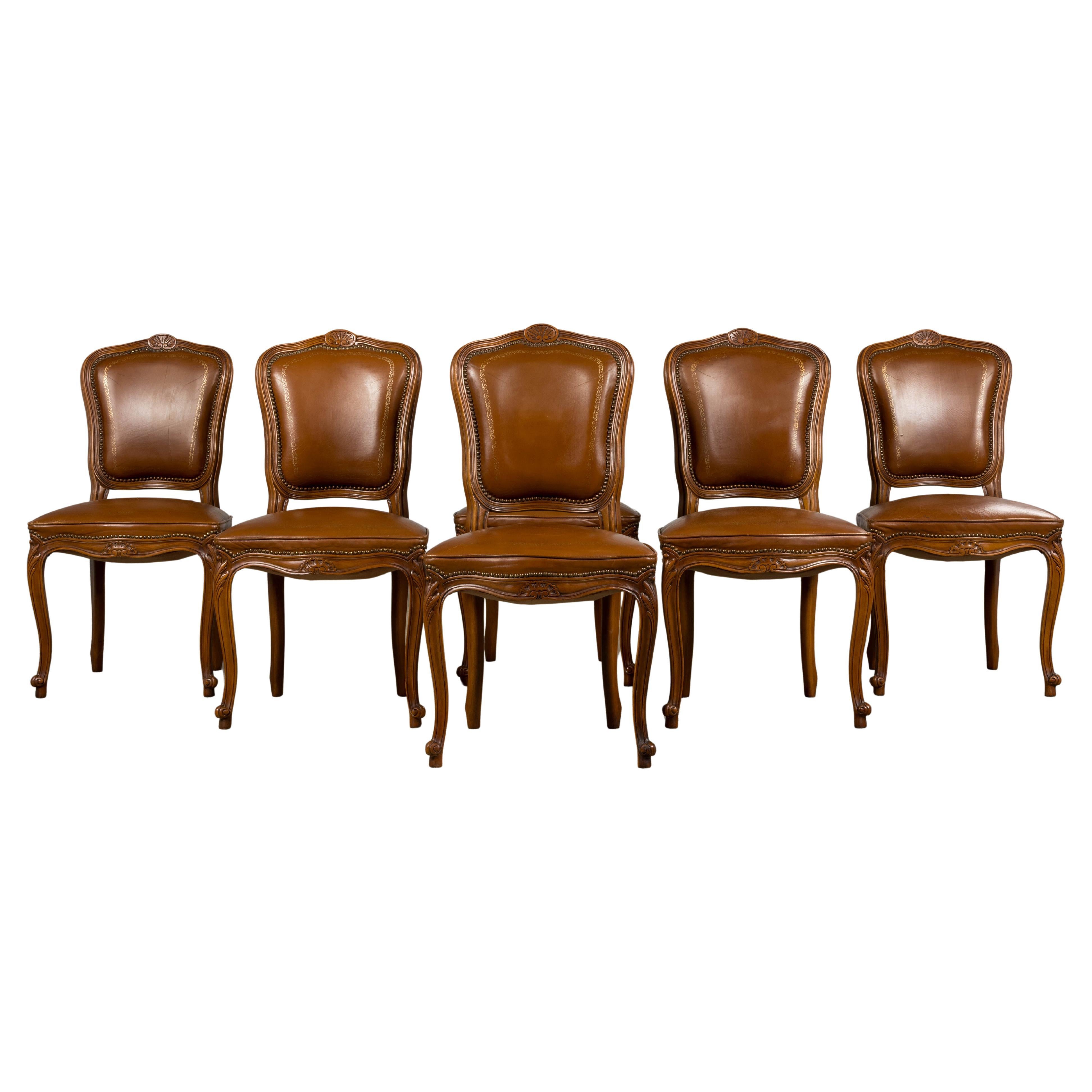 Chaises de salle à manger en érable de style Louis XV en cuir brun - Lot de 6 en vente