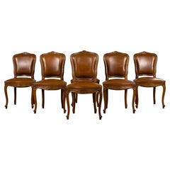 French Louis XV Style Maple Dining Chairs in Brown Leather - Set of 6
