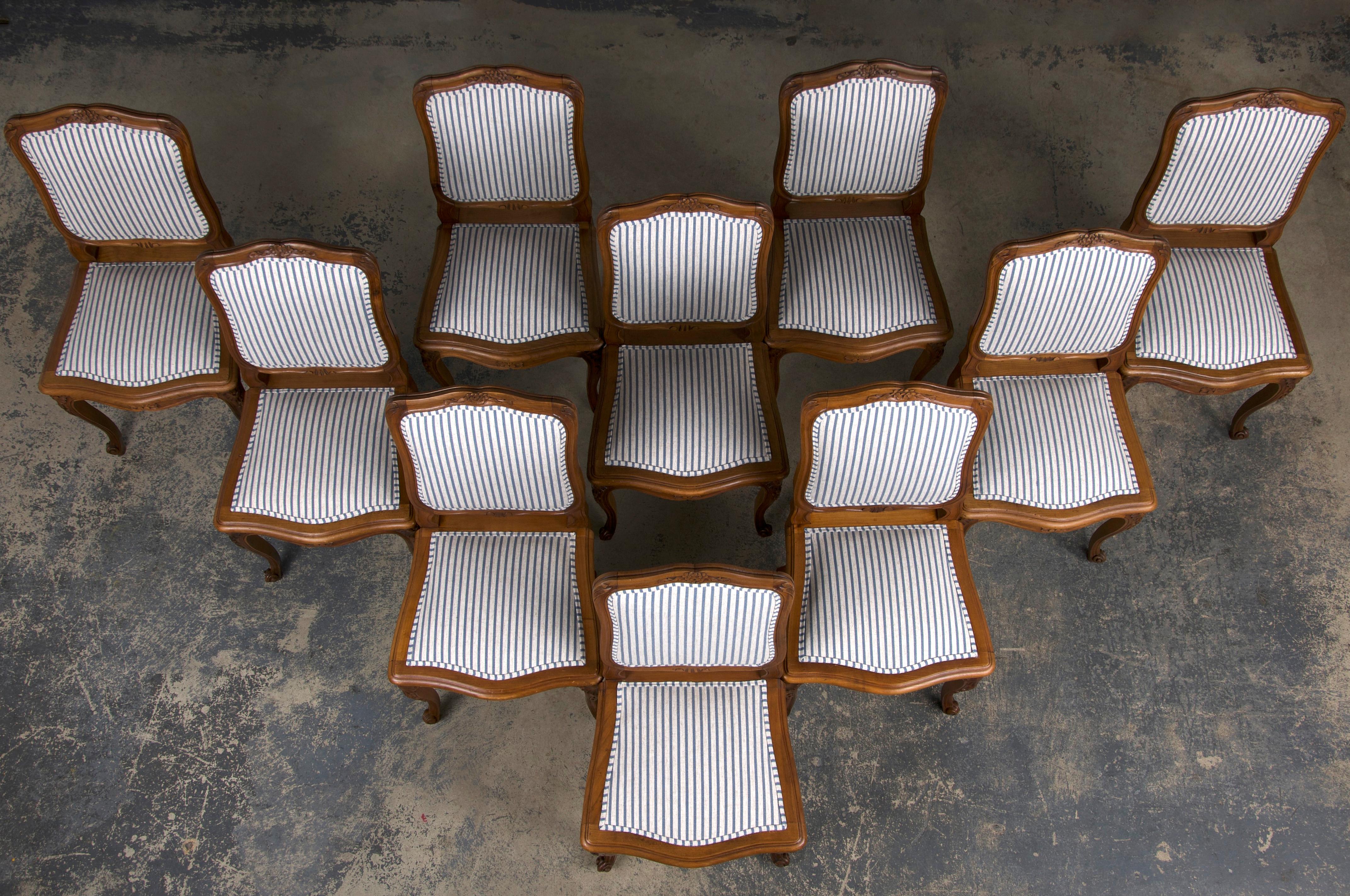 Hand-Carved French Louis XV Style Maple Dining Chairs W/ Striped Linen - Set of 10