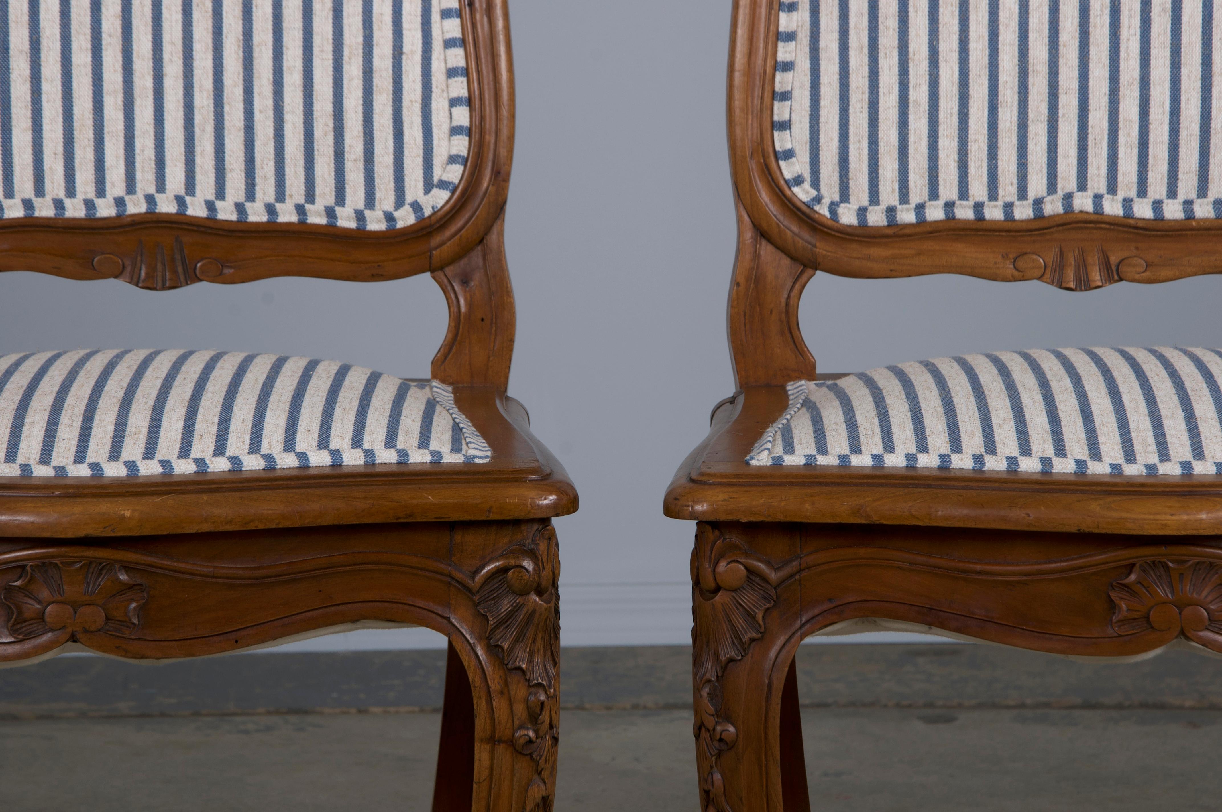 French Louis XV Style Maple Dining Chairs W/ Striped Linen - Set of 10 1