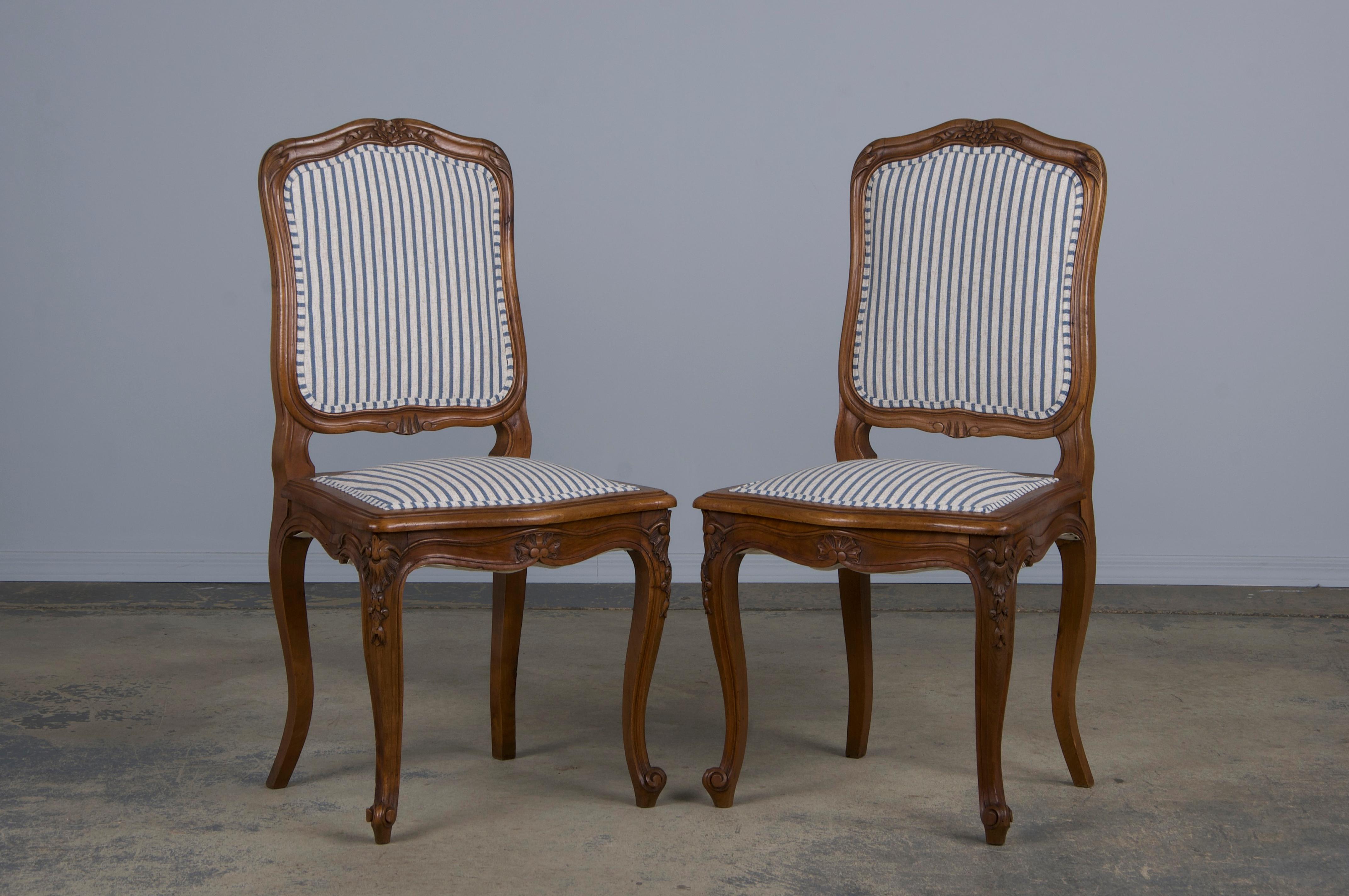 French Louis XV Style Maple Dining Chairs W/ Striped Linen - Set of 10 2