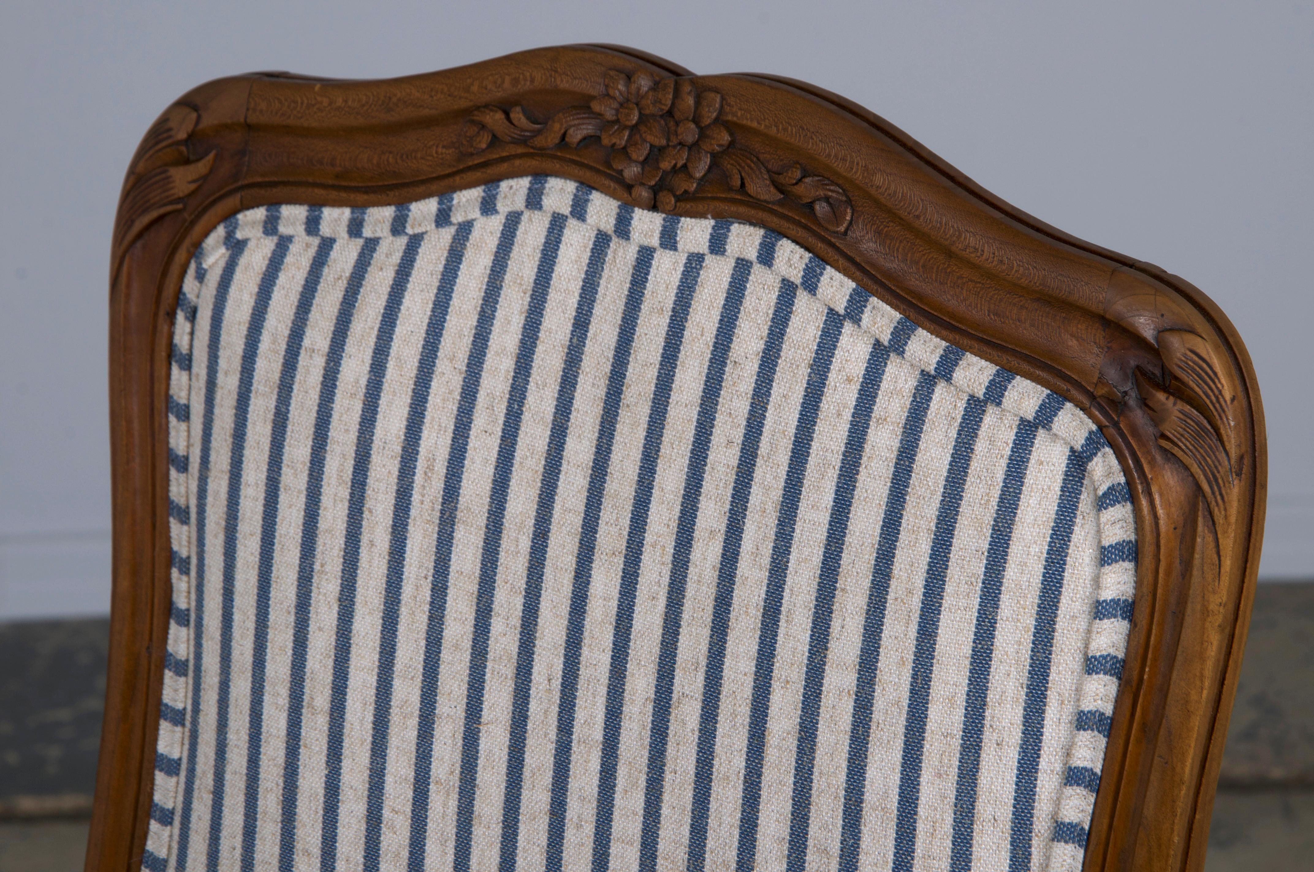 French Louis XV Style Maple Dining Chairs W/ Striped Linen - Set of 10 3