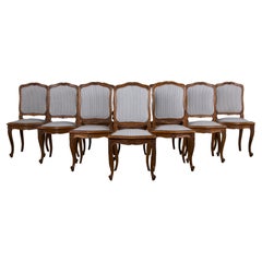French Louis XV Style Maple Dining Chairs W/ Striped Linen - Set of 10