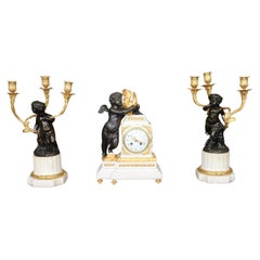French Louis XV Style Marble and Bronze Ormolu Clock Set By Samuel Marti C. 1890