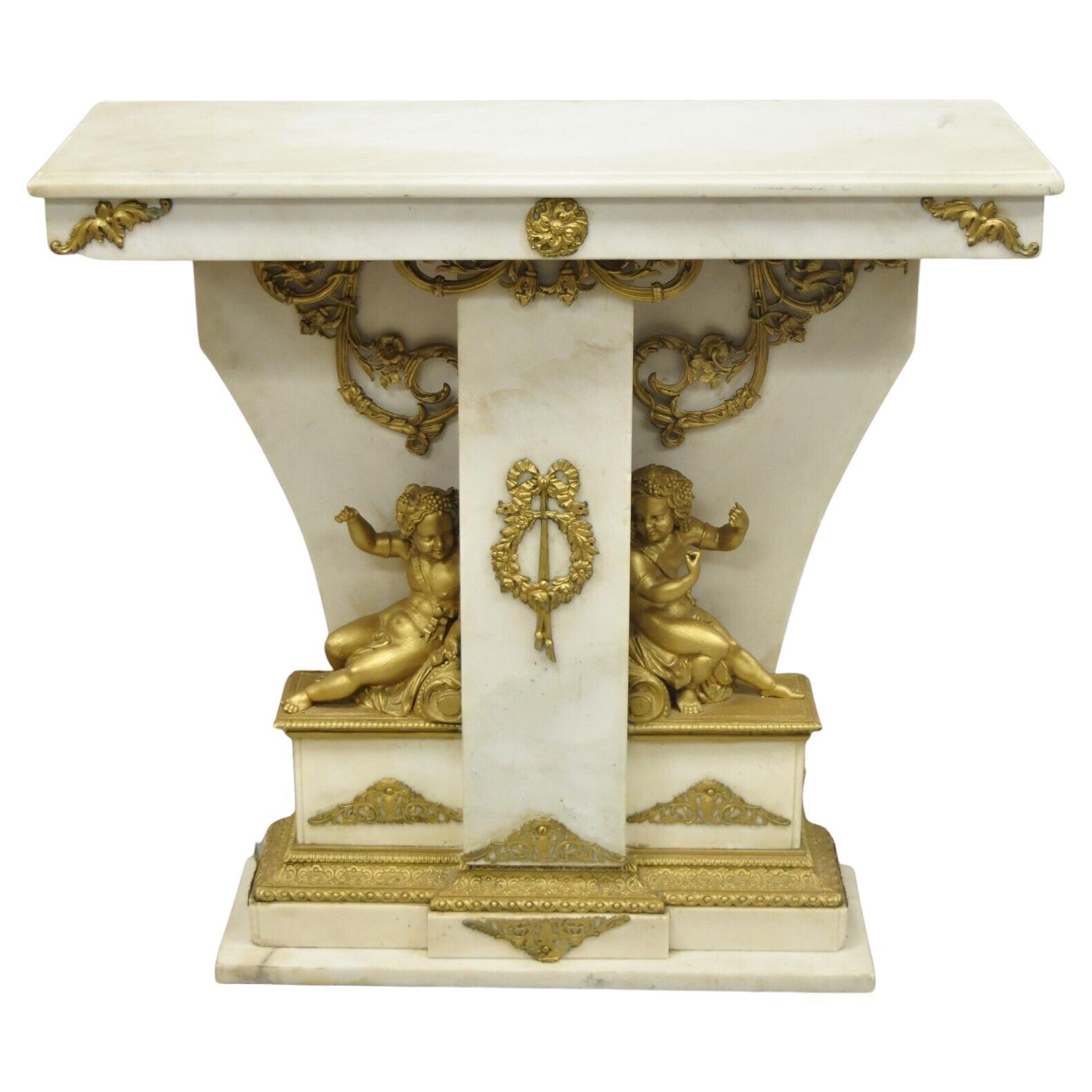 French Louis XV Style Marble and Bronze Ormolu Console Table with Cherubs For Sale