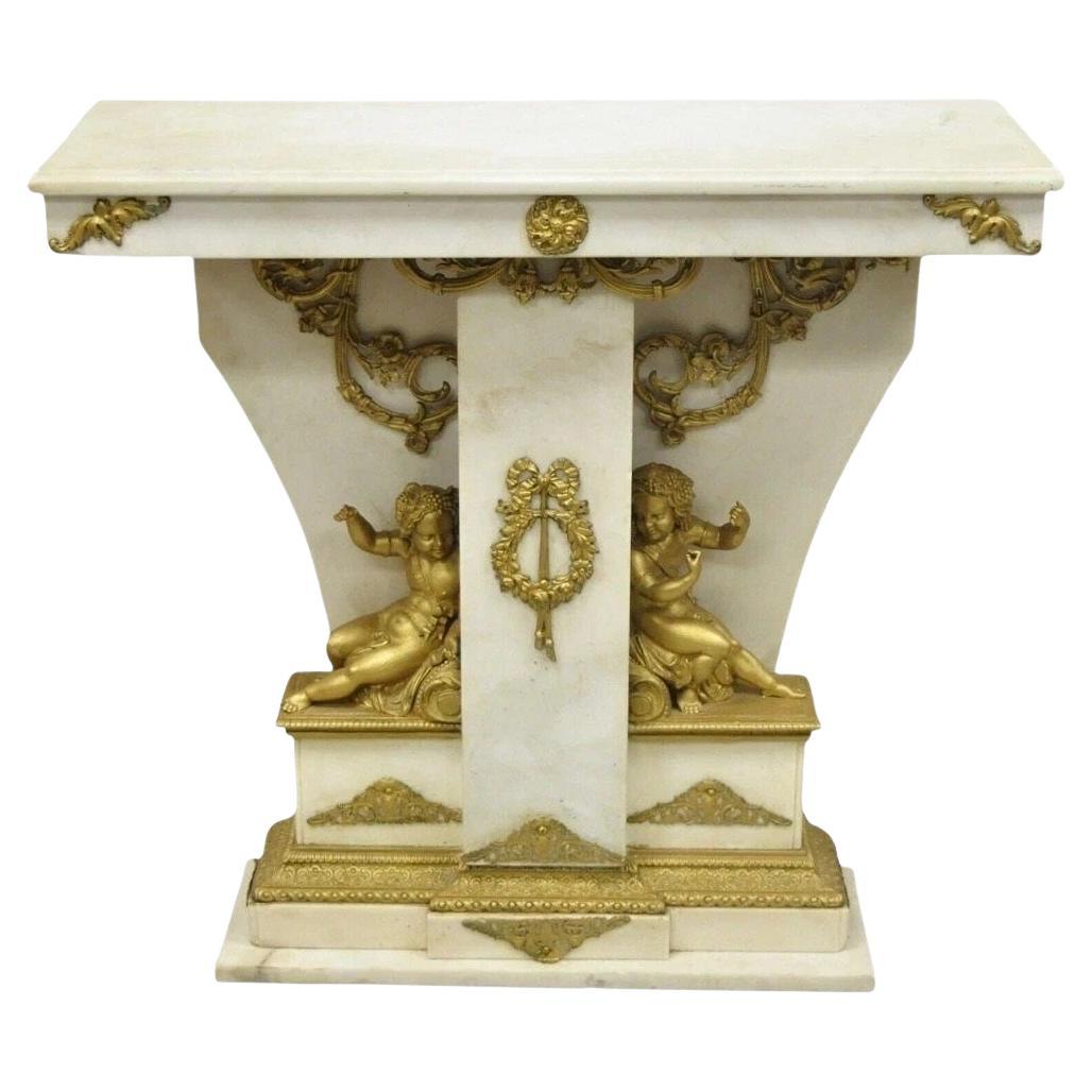 French Louis XV Style Marble & Figural Bronze Ormolu Console Table w/ Cherubs For Sale
