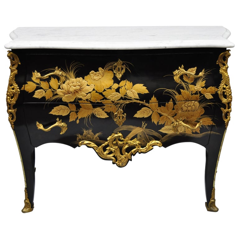 French Louis XV Style Marble Top Black /& Gold Bombe Commode Chest Bronze Ormolu