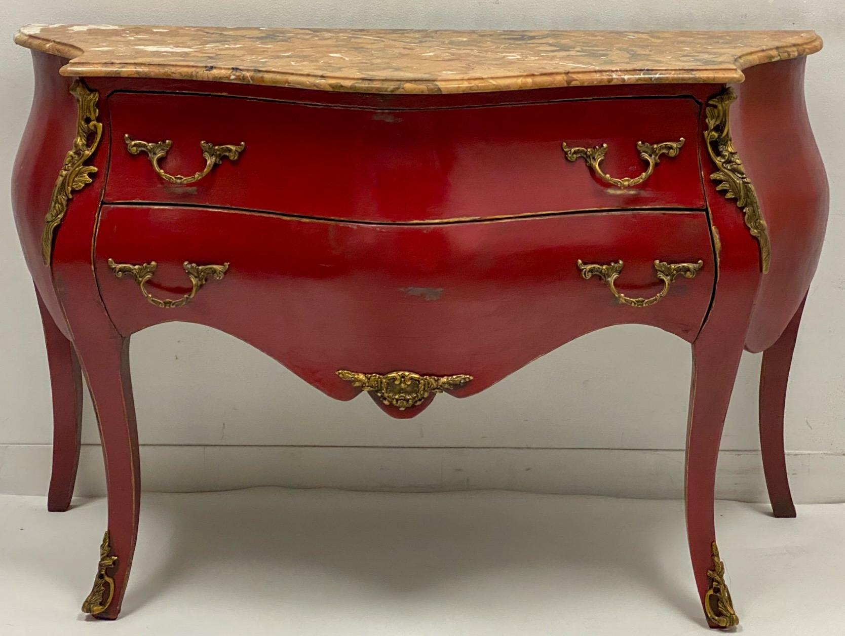 20th Century French Louis XV Style Marble Top Bombe Commode / Chest with Bronze Ormolu For Sale