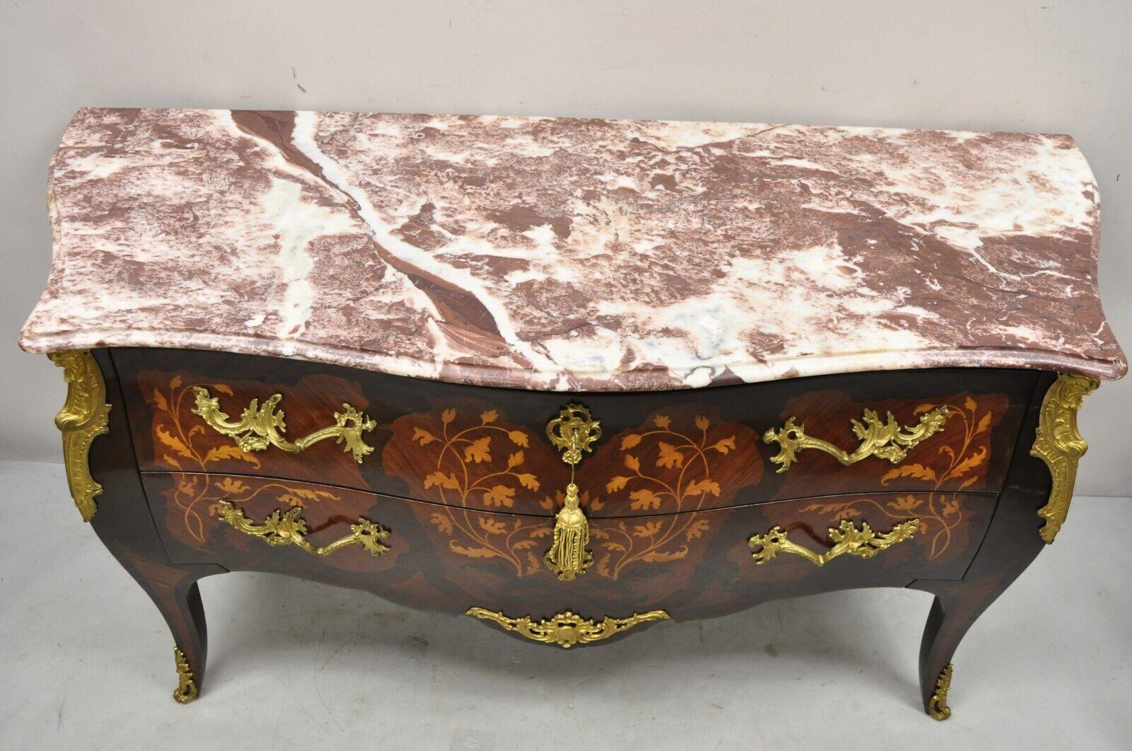 French Louis XV Style Marble Top Bombe Commode Dresser Bronze Ormolu In Good Condition For Sale In Philadelphia, PA