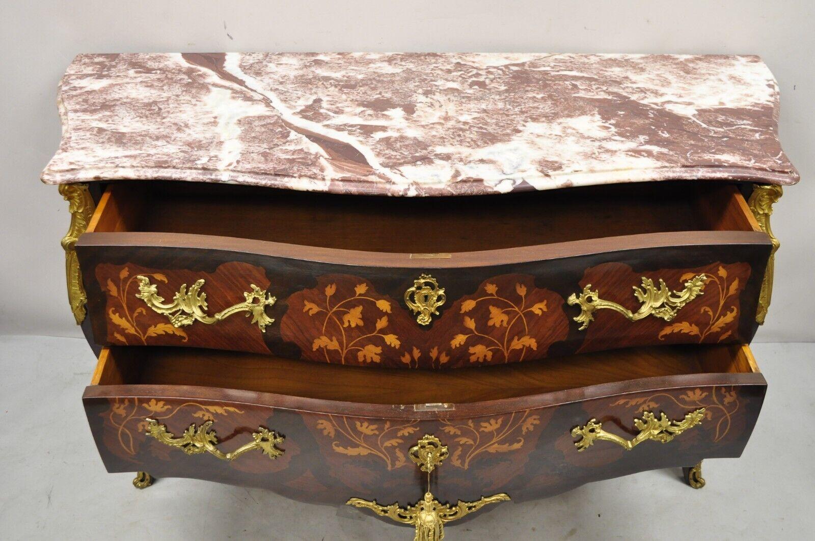 20th Century French Louis XV Style Marble Top Bombe Commode Dresser Bronze Ormolu For Sale